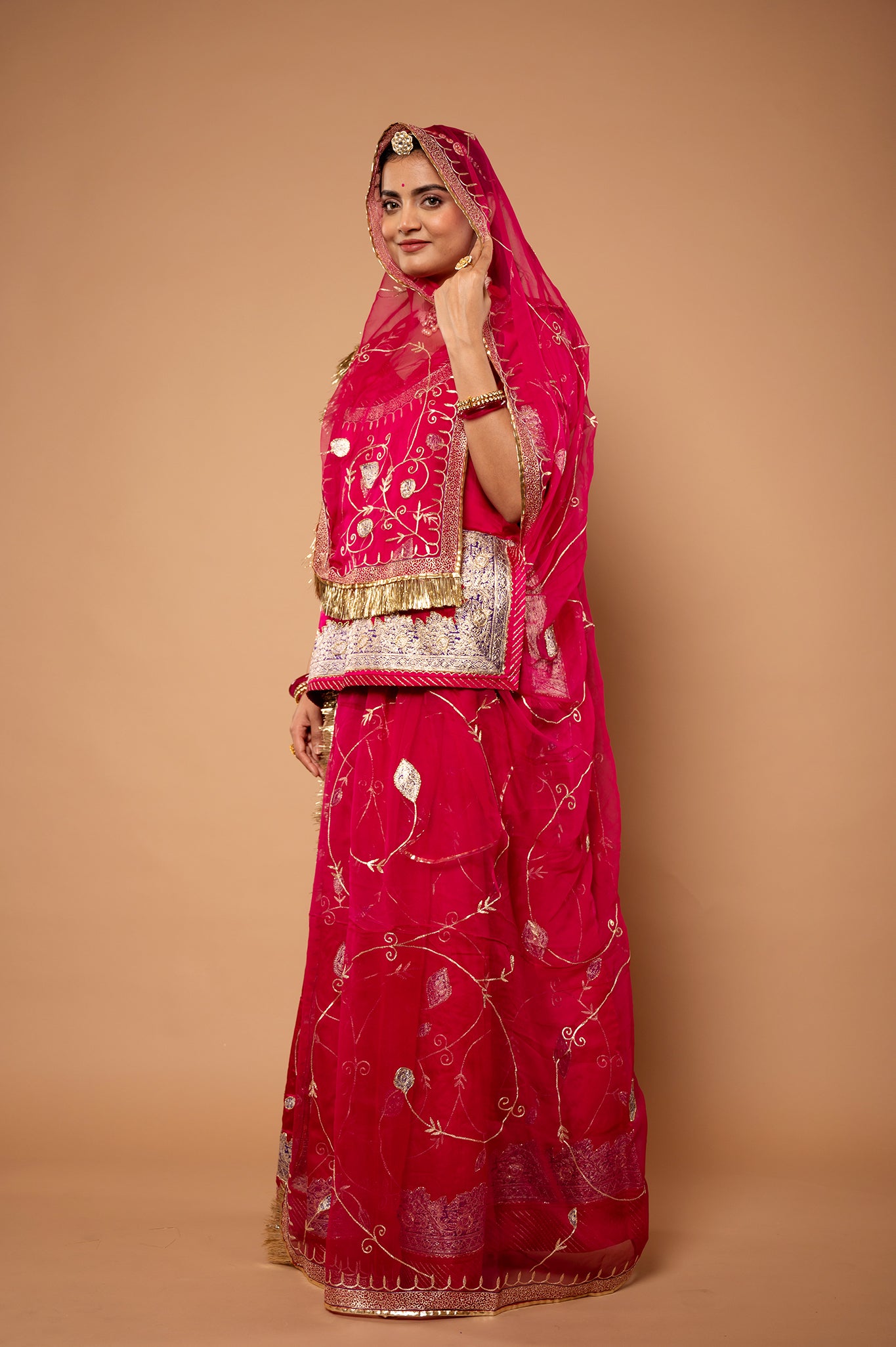 poppy pink bamber satin chanderi handwork rajputi Poshak with pure odhna