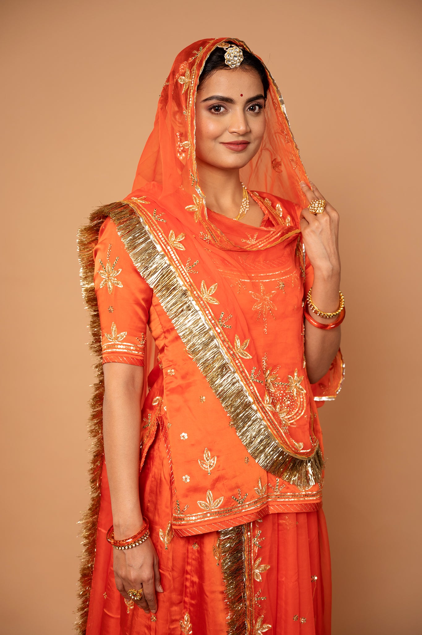 Orange Bamber Satin sikhiya zardozi handwork rajputi Poshak with pure odhna