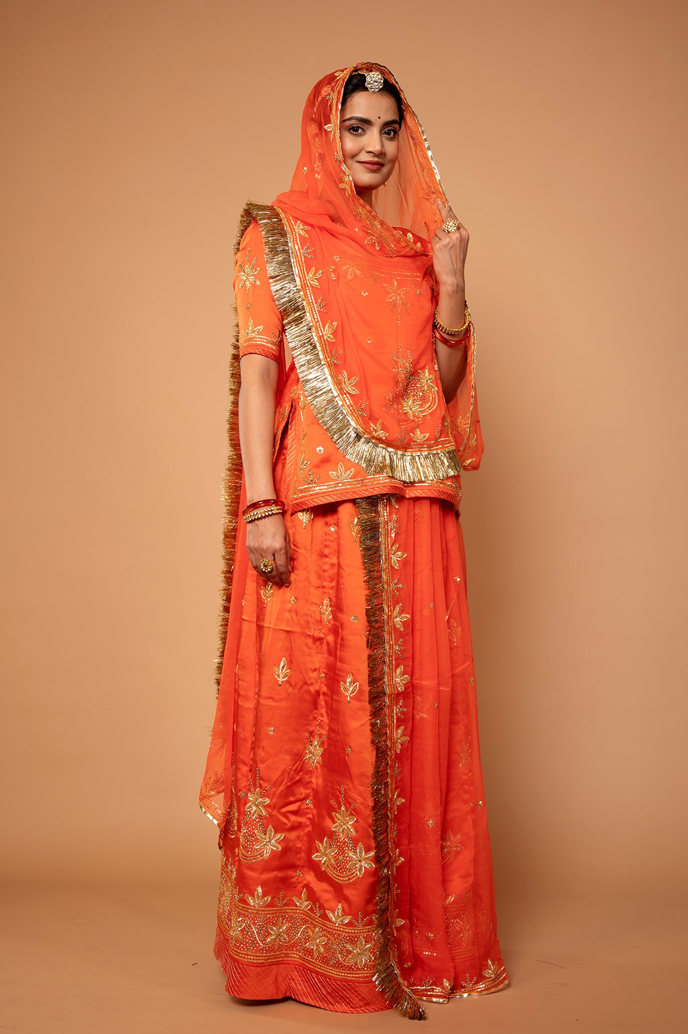 Orange Bamber Satin sikhiya zardozi handwork rajputi Poshak with pure odhna