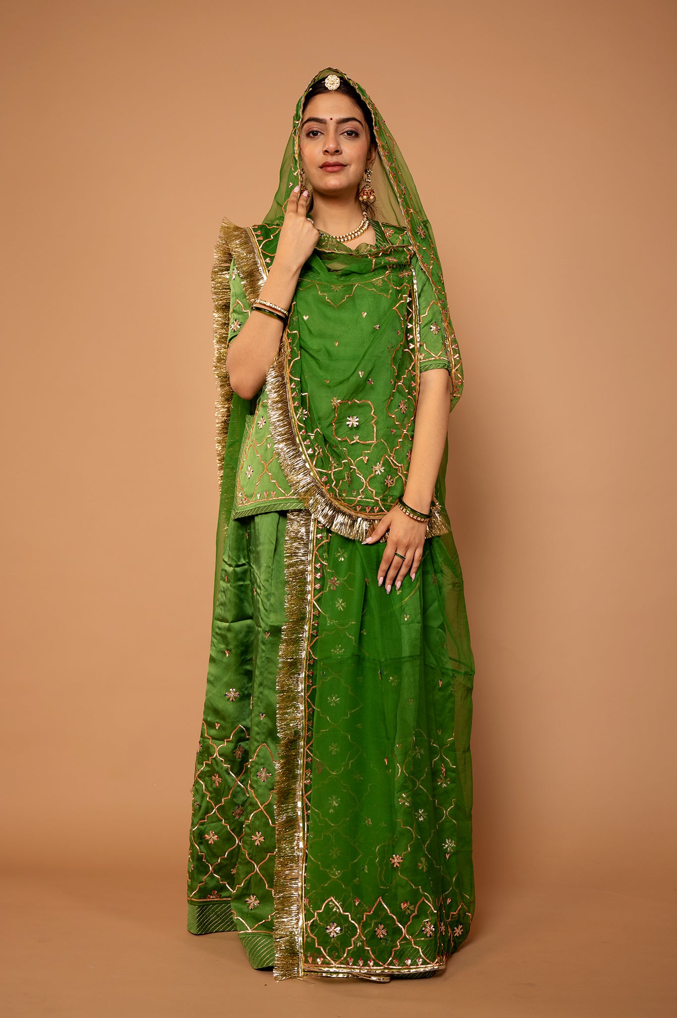 forest green Bamber Satin Sikhiya Gotta handwork rajputi Poshak with pure odhna