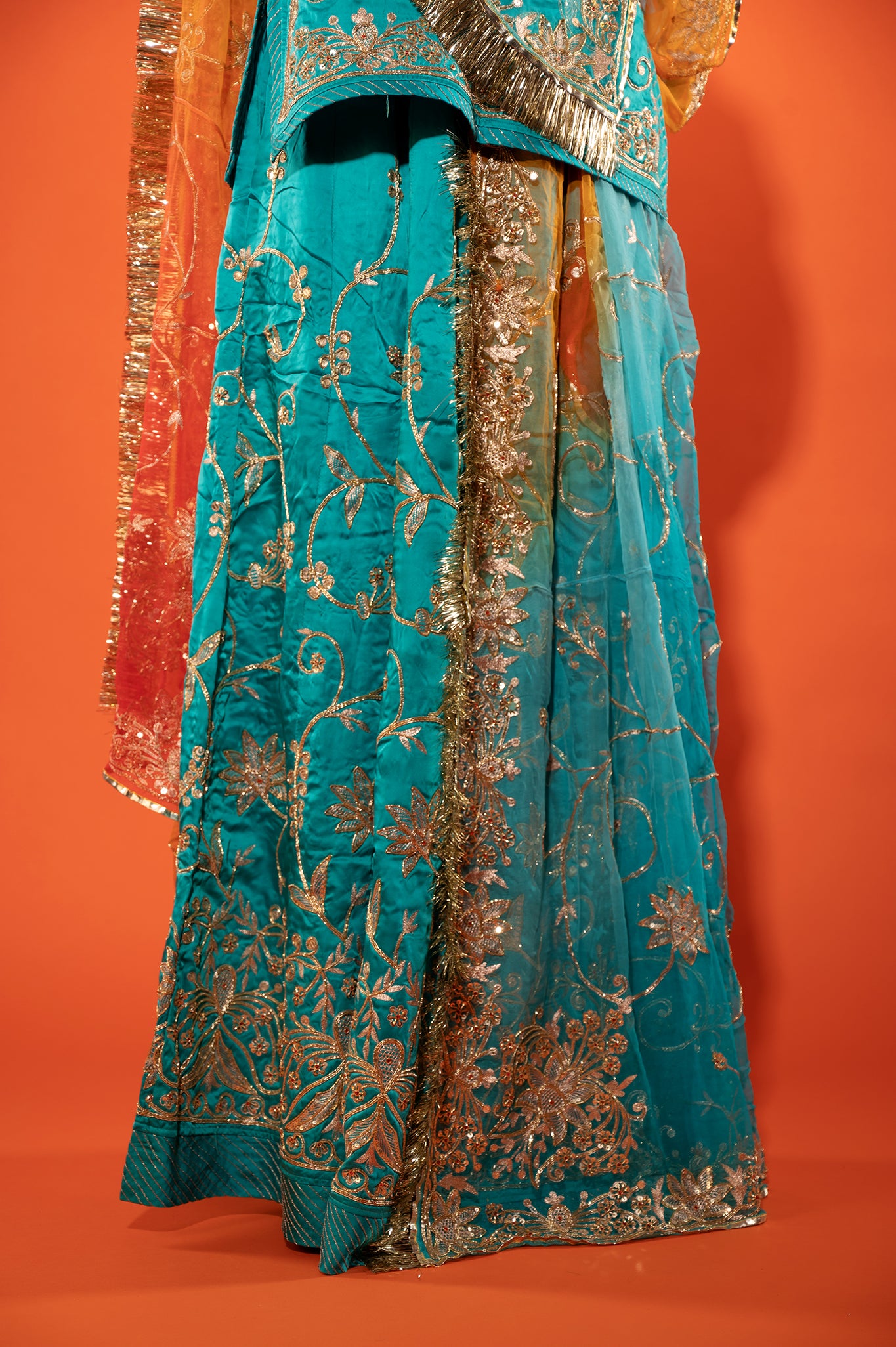 Deep Aqua Bamber Satin zardozi handwork rajputi Poshak with pure odhna