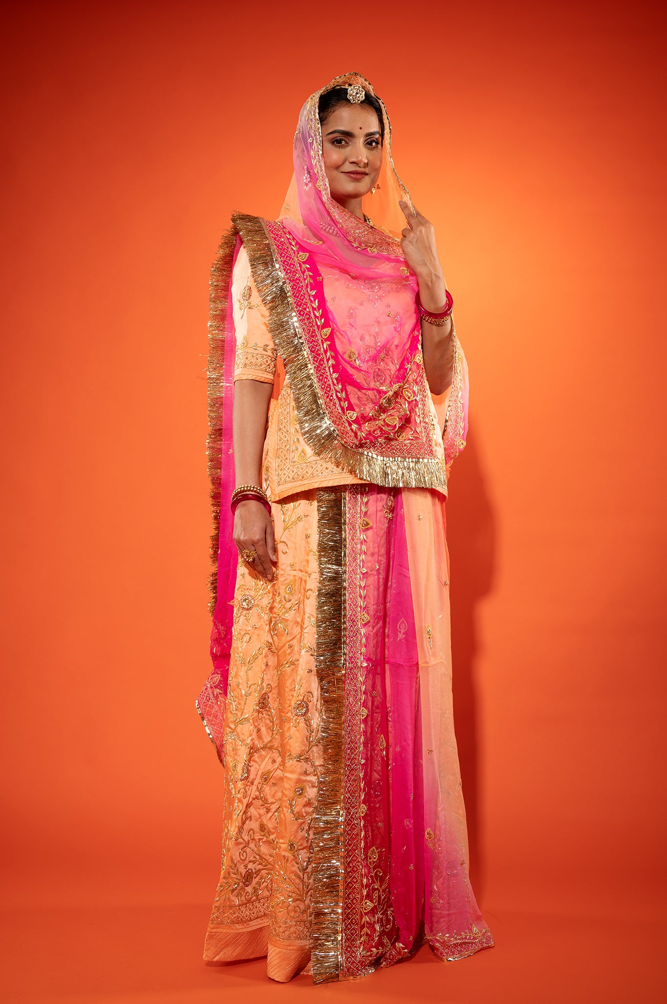 Peach Bamber Satin zardozi handwork rajputi Poshak with pure odhna