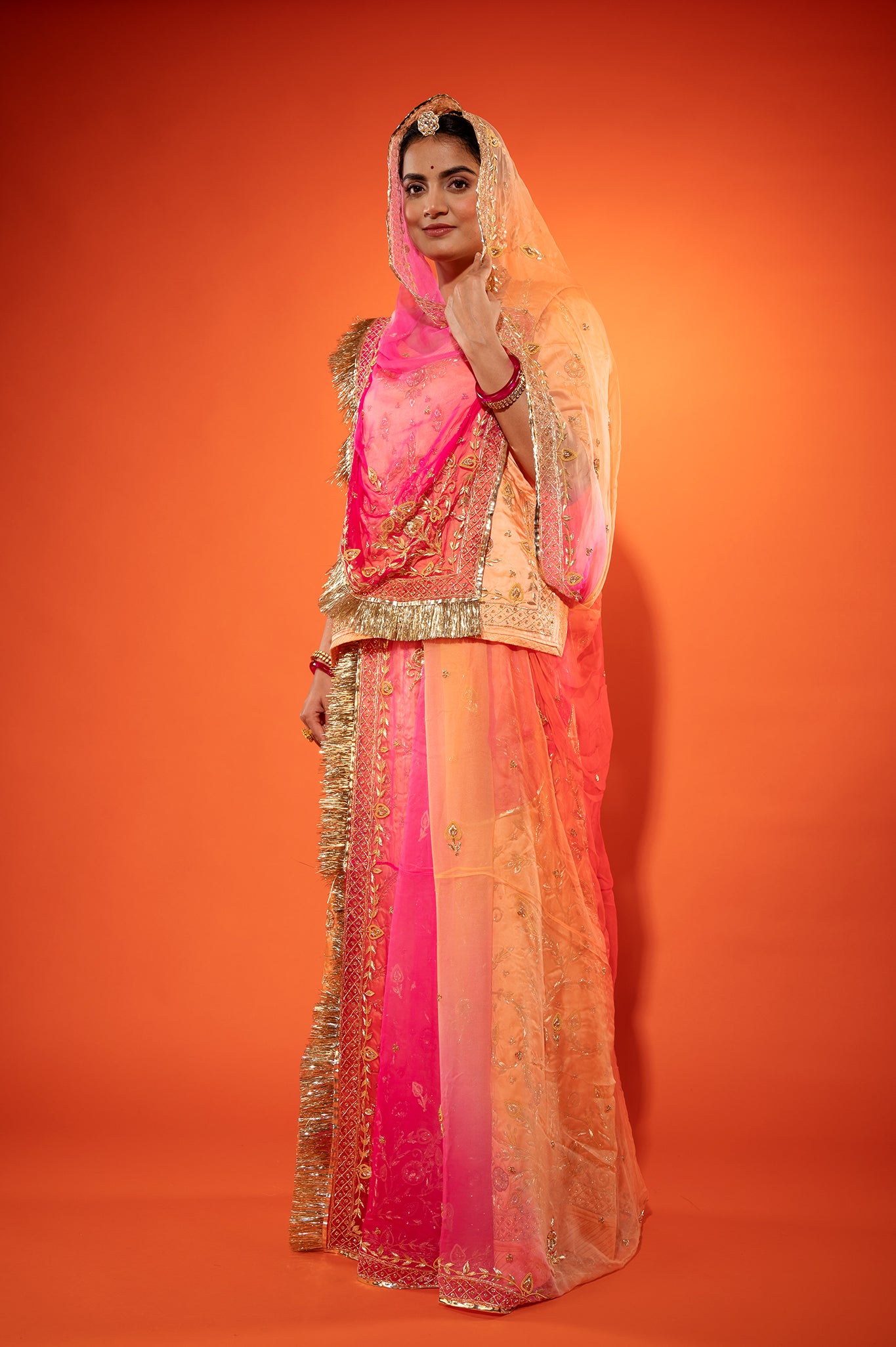 Peach Bamber Satin zardozi handwork rajputi Poshak with pure odhna