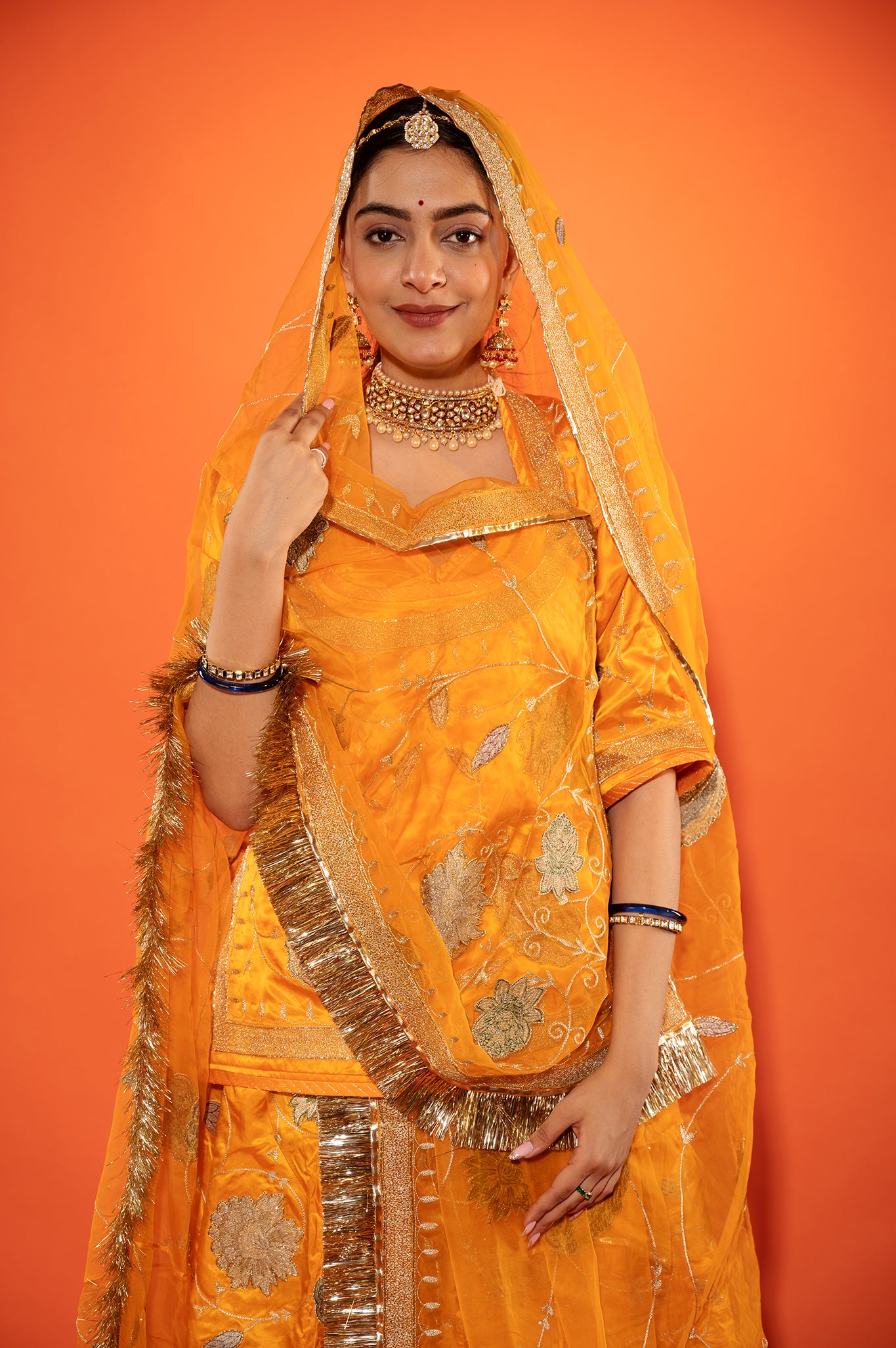 kesariya Pure Silk Satin chanderi handwork rajputi Poshak with pure odhna