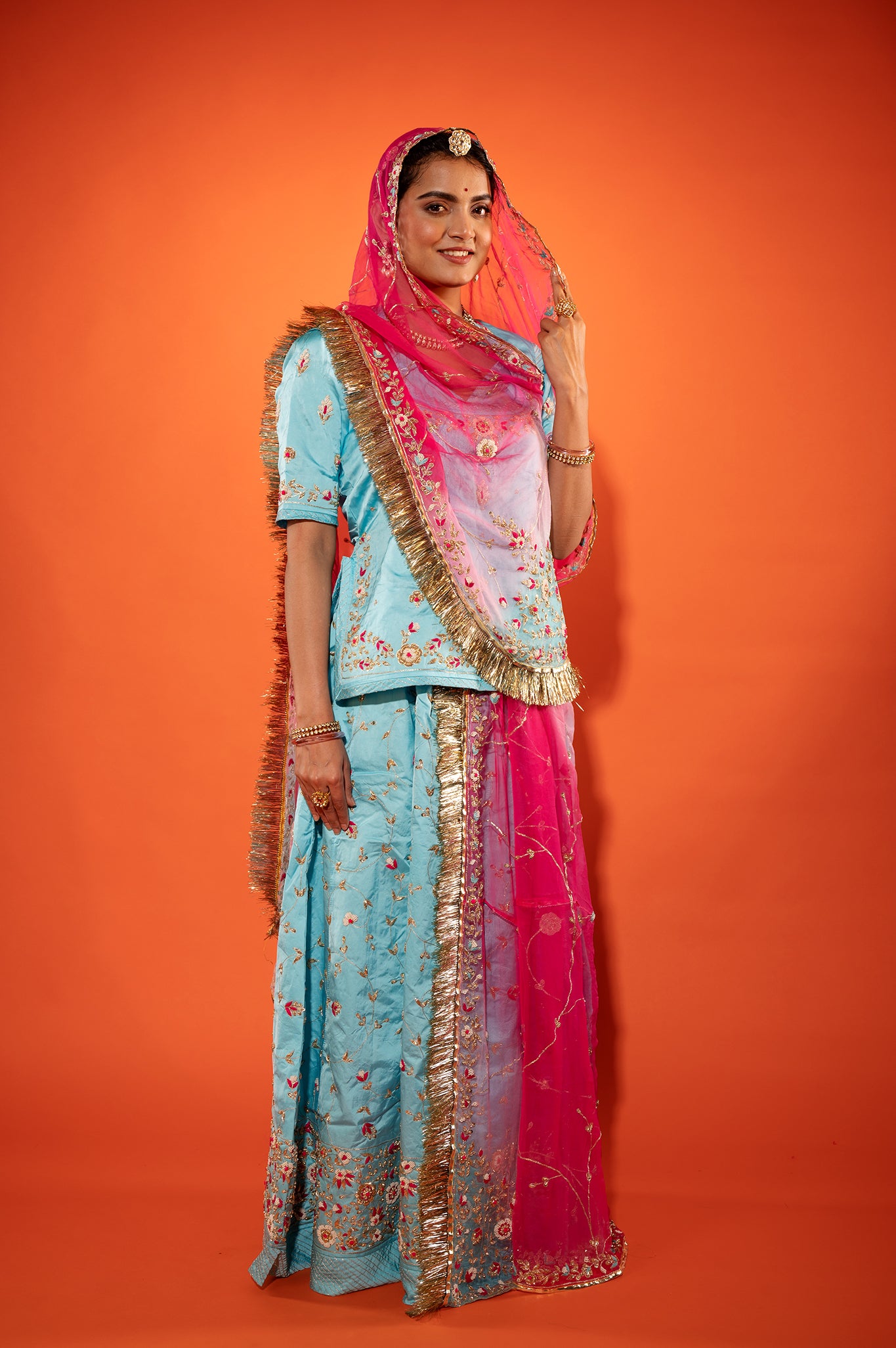 Sky blue bamber satin zardozi handwork rajputi Poshak with Pure odhna