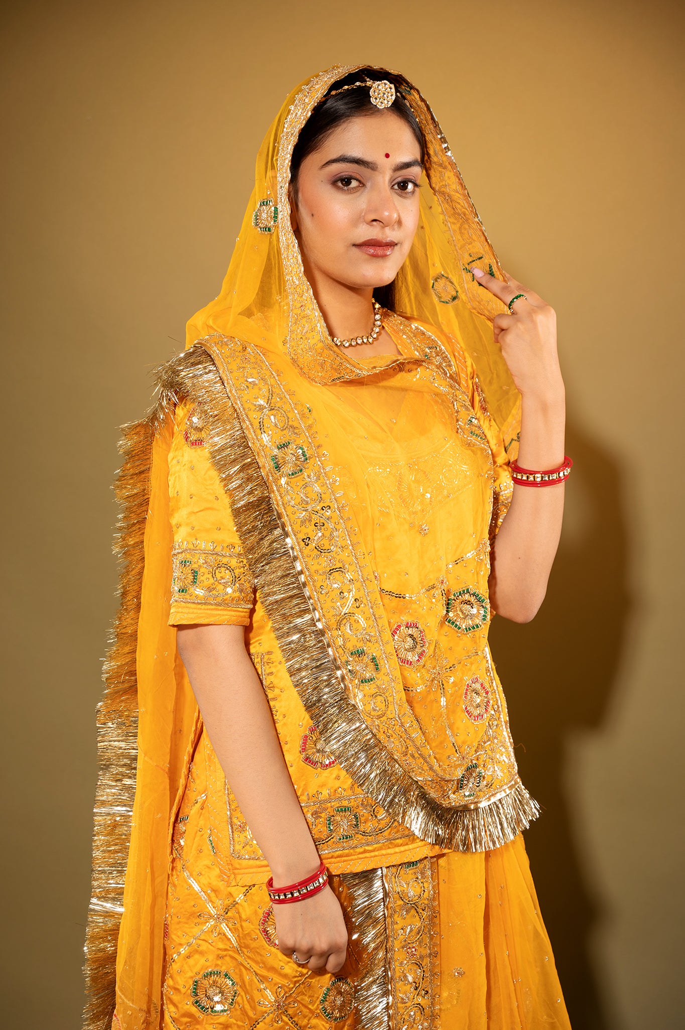 yellow Pure Silk Satin zardozi handwork rajputi Poshak with Pure odhna