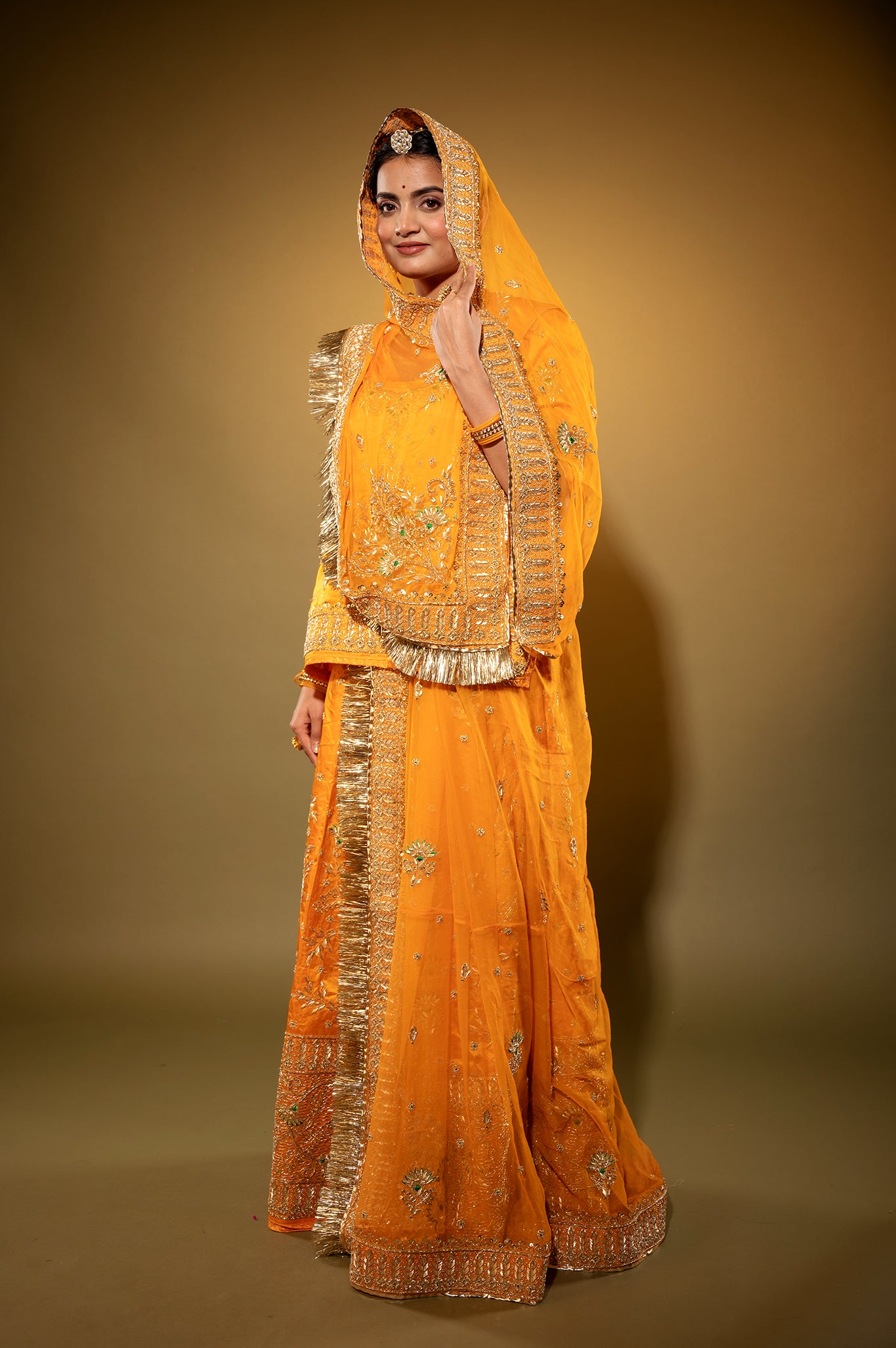 kesariya Pure Silk Satin zardozi handwork rajputi Poshak with Pure odhna