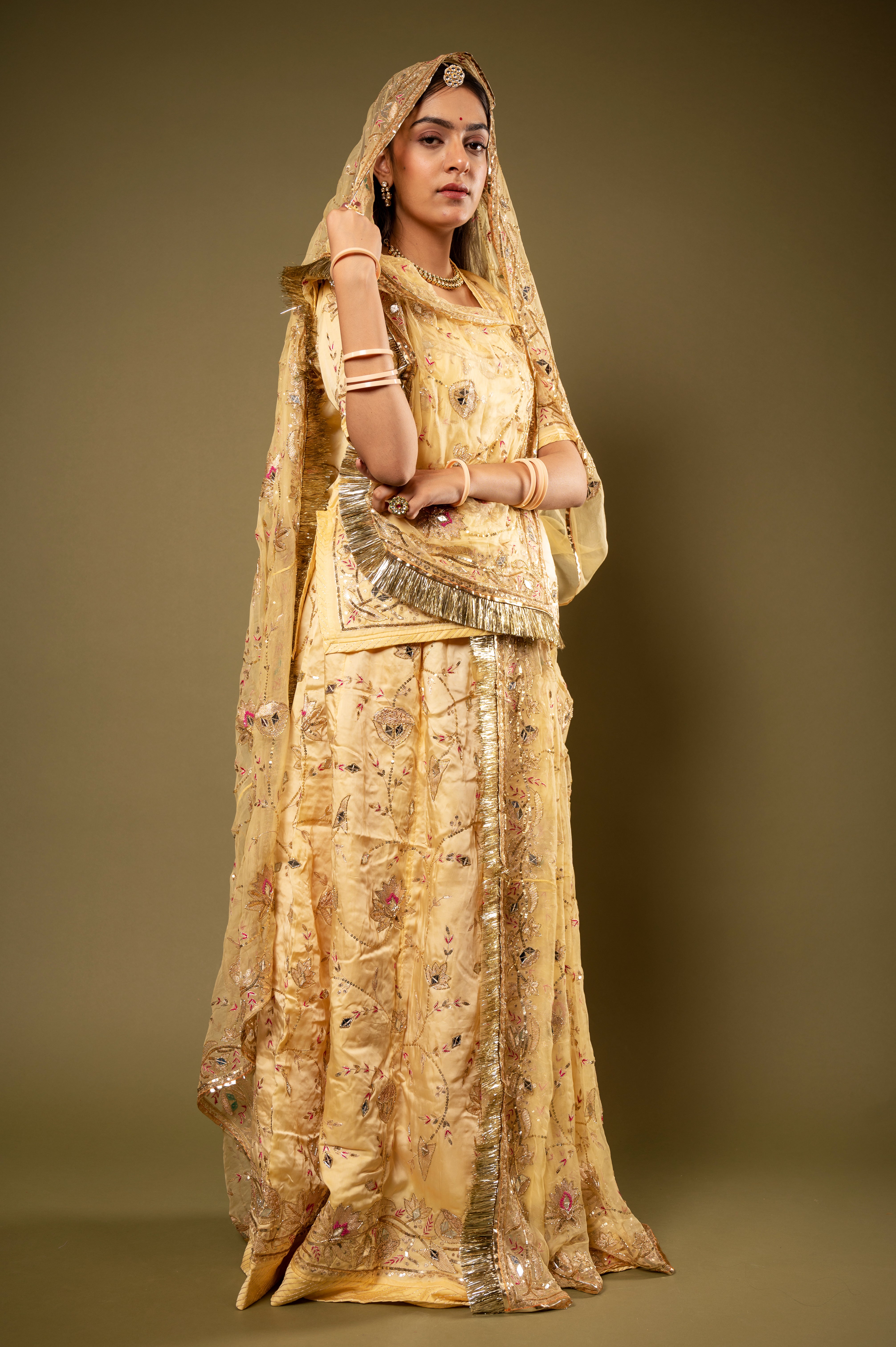 Light Yellow bamber satin Aari Sequins kardana Resham Jaal handwork Rajputi Poshak with Pure odhna
