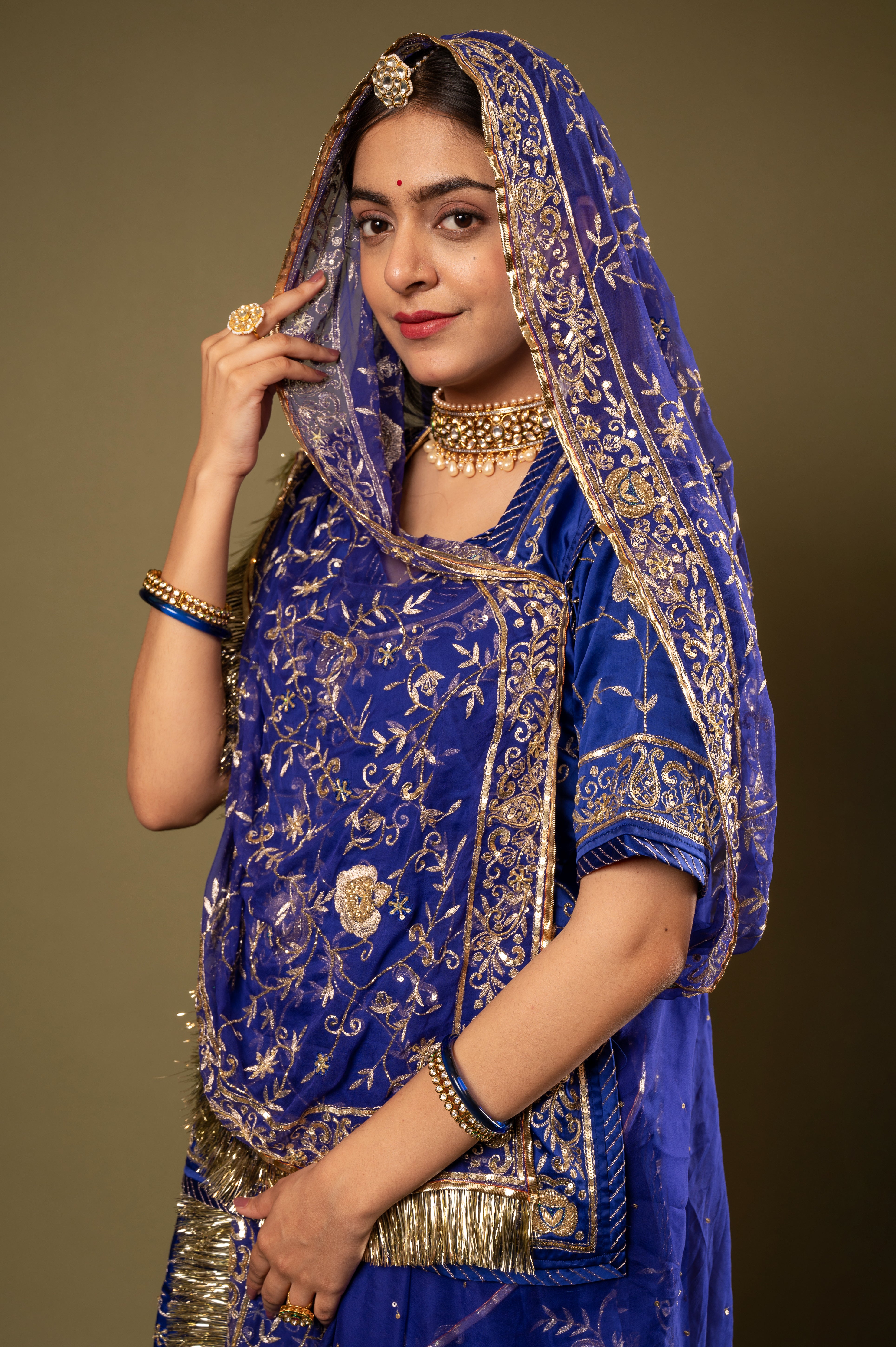 Blue light dark bamber satin Aari Kardana Sequins Jaal handwork Rajputi Poshak with Pure odhna