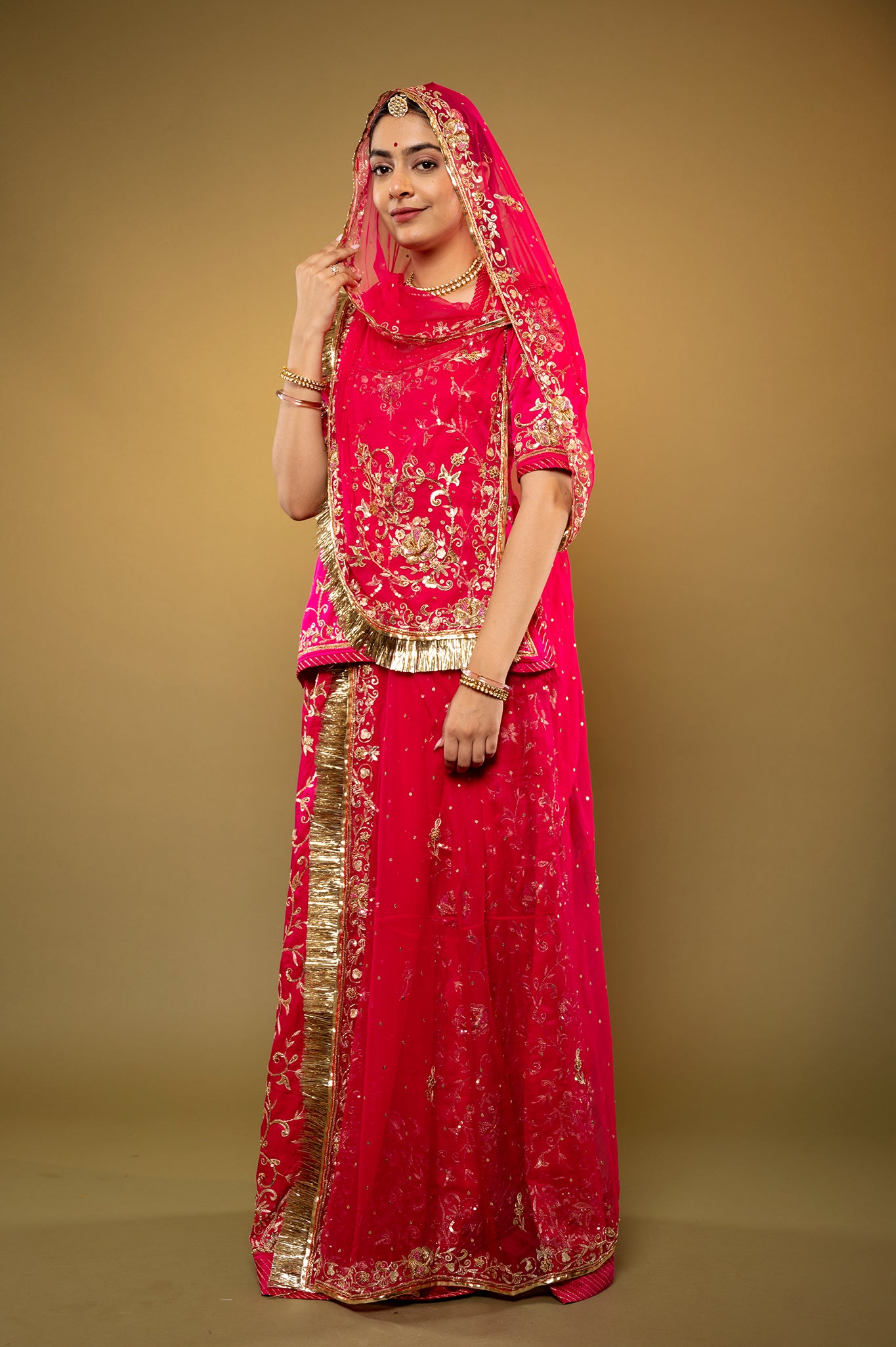 Red Magenta Bamber Satin zardozi handwork rajputi Poshak with Pure odhna