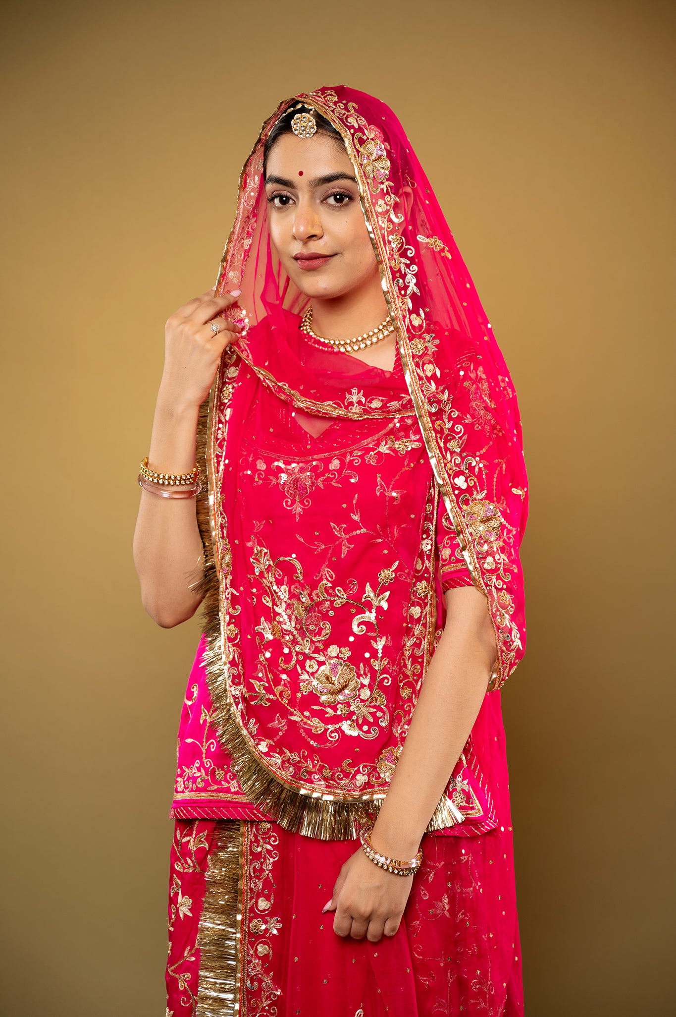 Red Magenta Bamber Satin zardozi handwork rajputi Poshak with Pure odhna