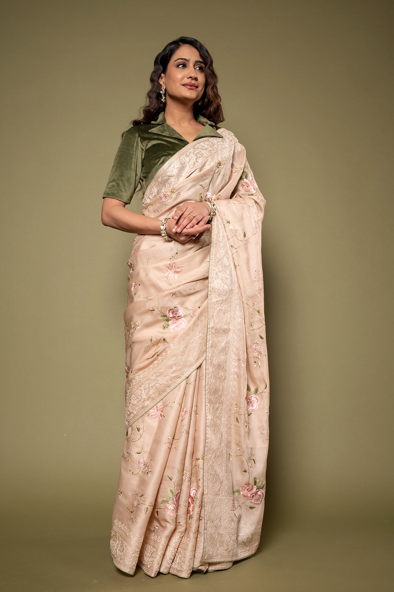 Cream Tashar silk resham jaal handwork saree