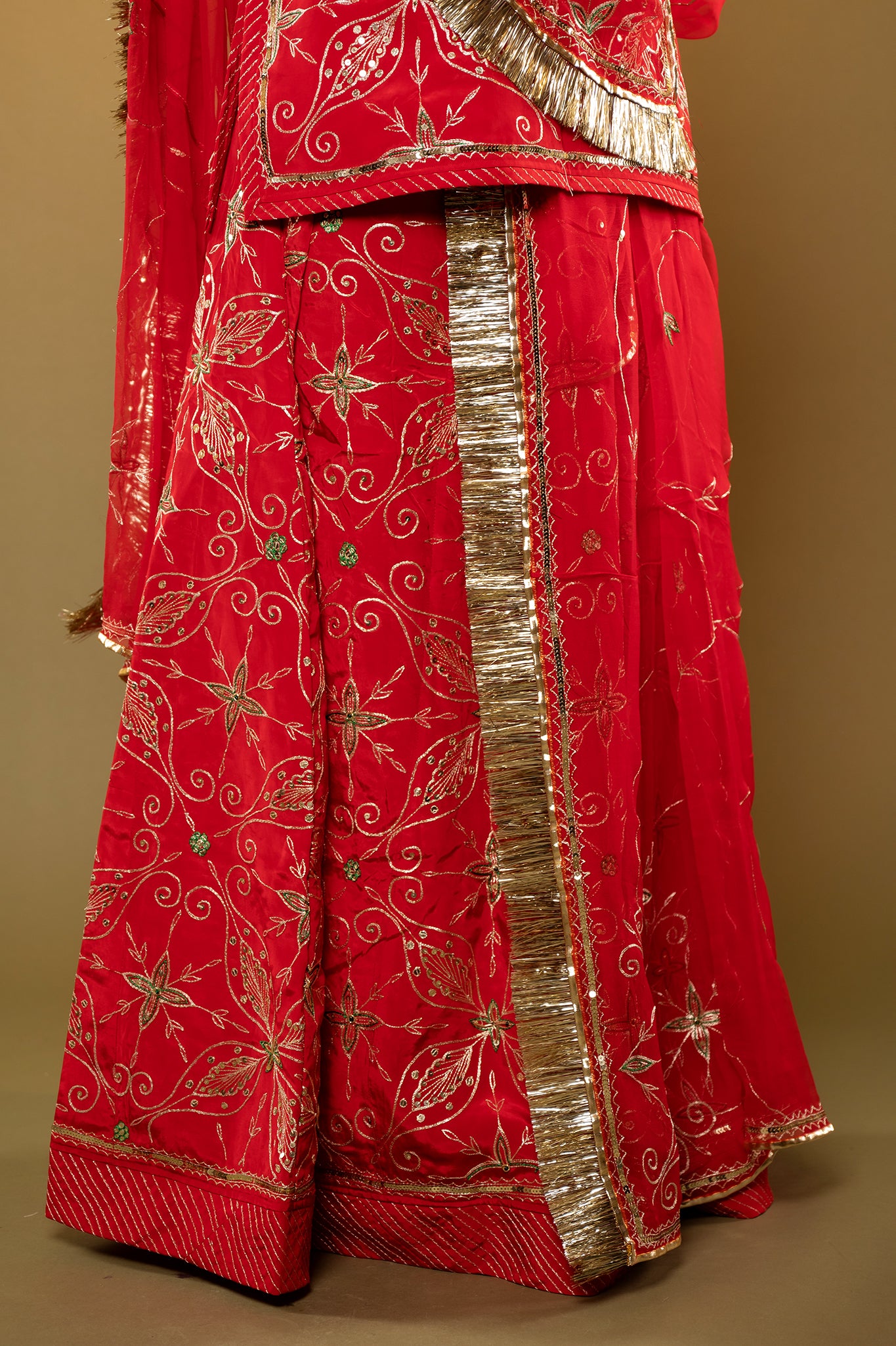 red Crepe aari sequins handwork rajputi Poshak with Pure odhna