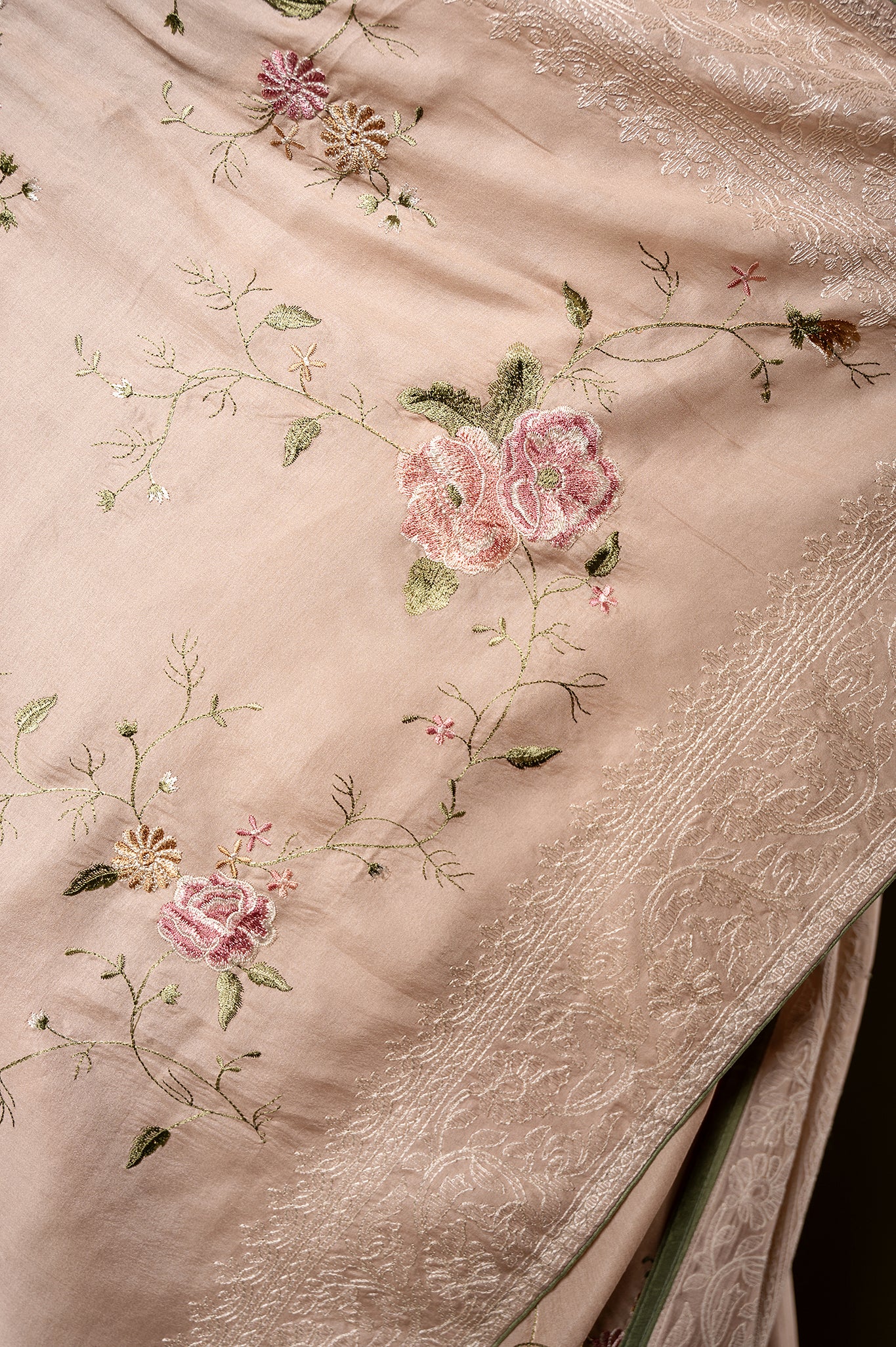 Cream Tashar silk resham jaal handwork saree