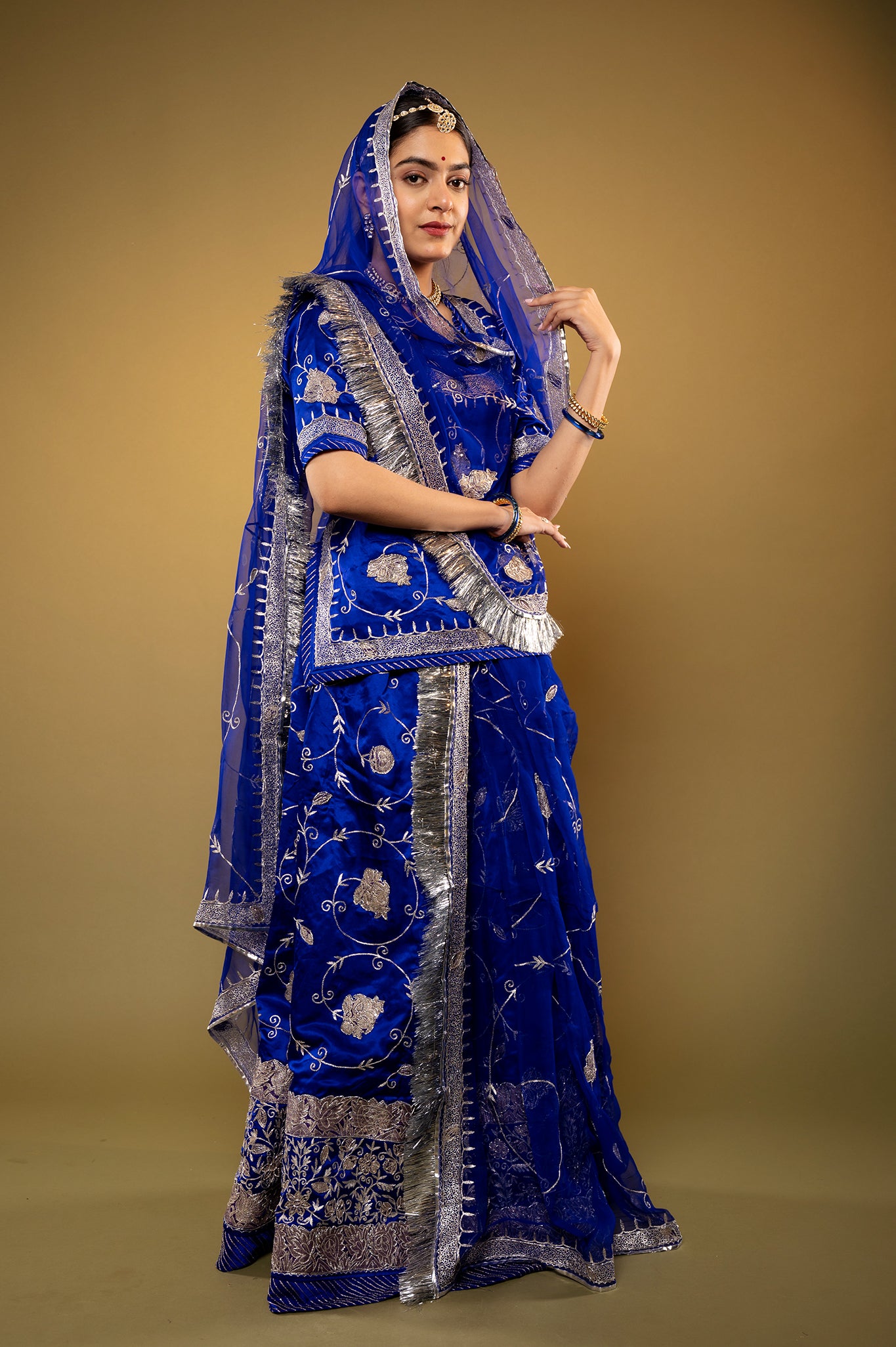 Royal Blue Pure Silk Satin chanderi handwork rajputi Poshak with Pure odhna