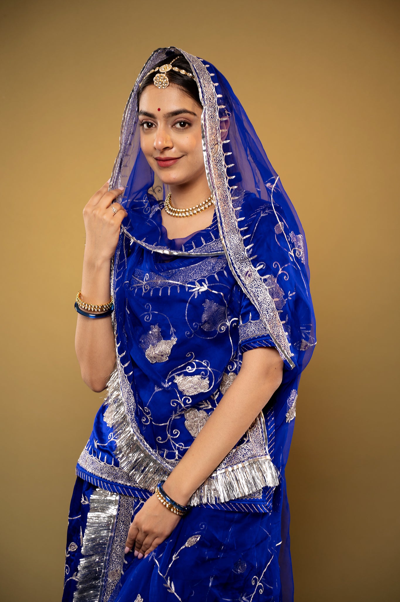 Royal Blue Pure Silk Satin chanderi handwork rajputi Poshak with Pure odhna