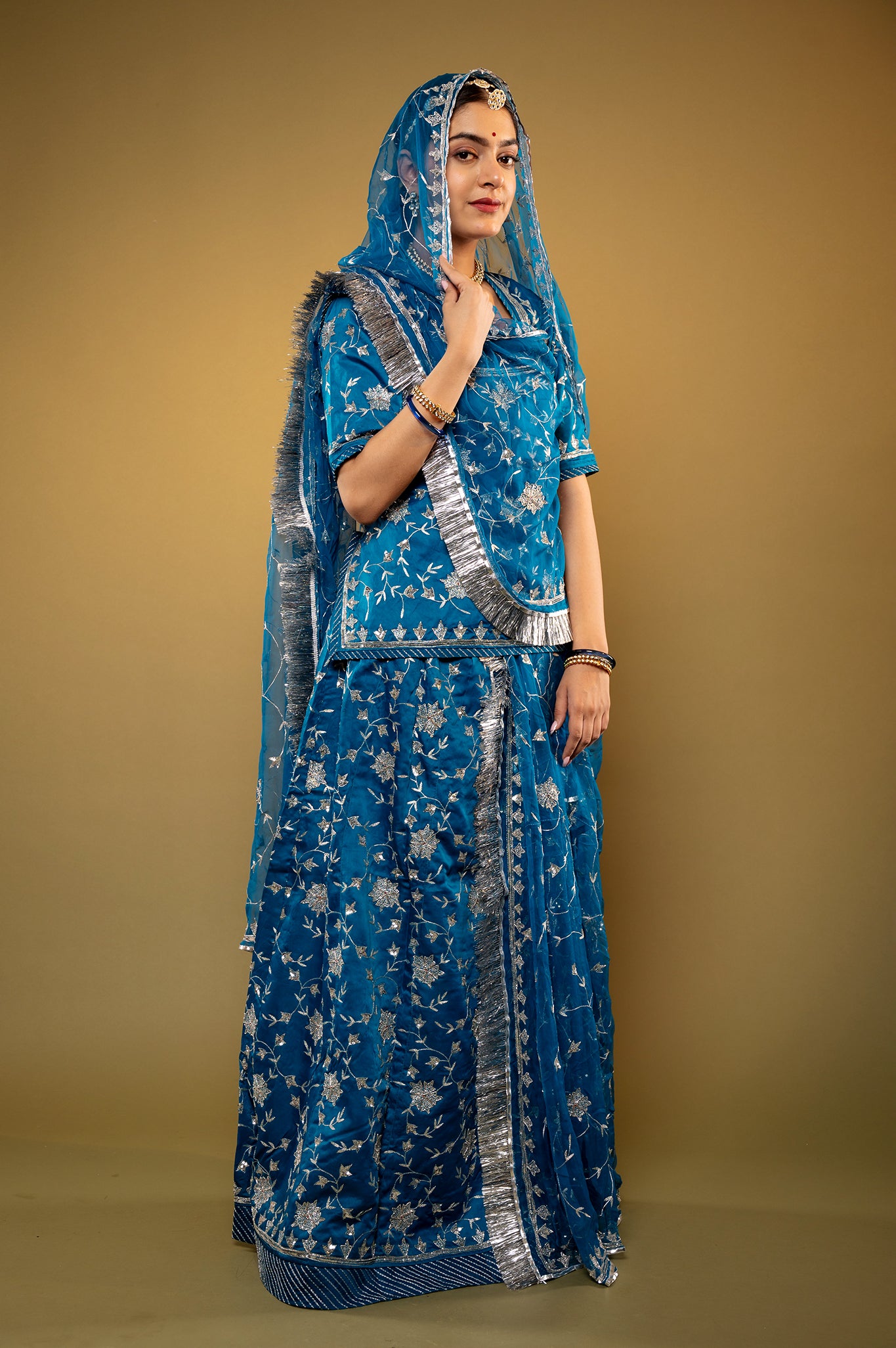 blue bamber satin aari sequins zardozi handwork rajputi Poshak with Pure odhna
