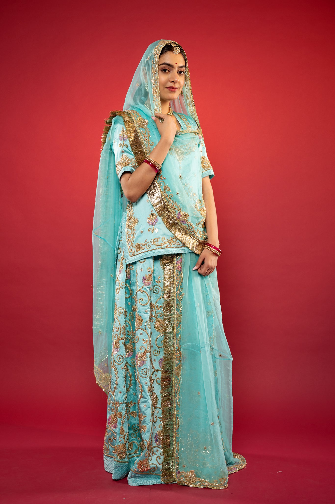 Sky blue bamber satin zadozi handwork rajputi Poshak with Pure odhna