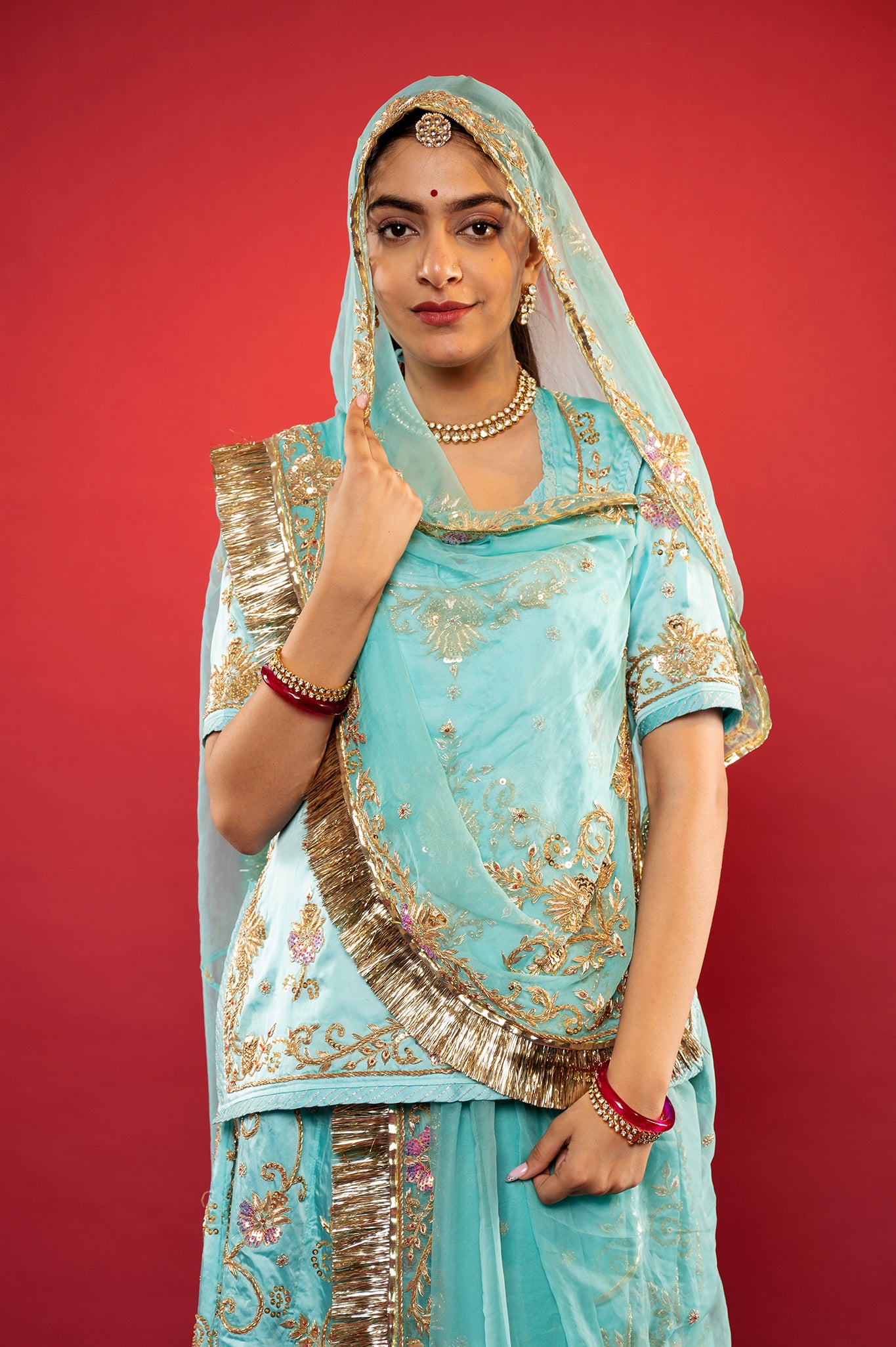 Sky blue bamber satin zadozi handwork rajputi Poshak with Pure odhna