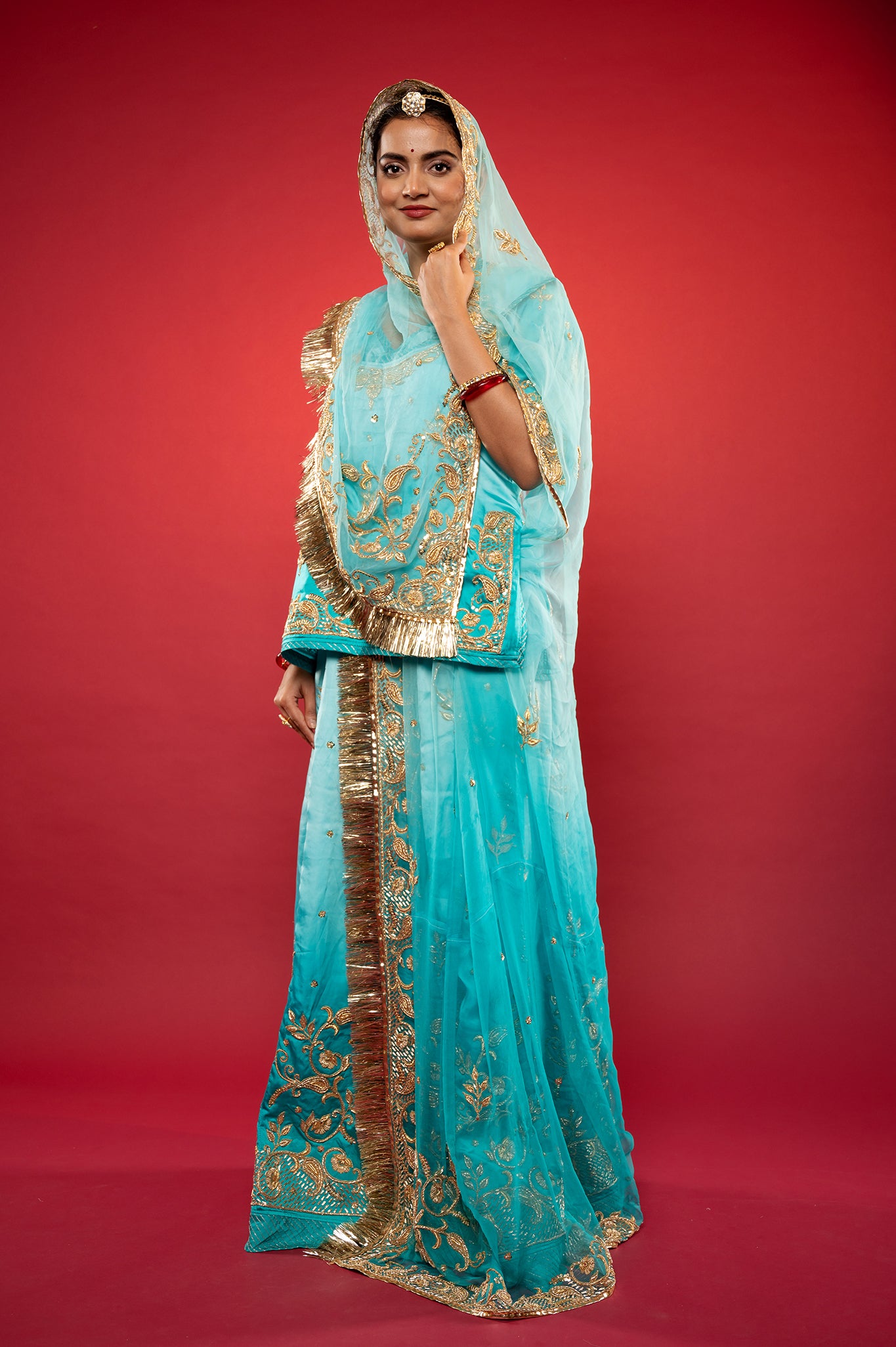 Sky blue light dark bamber Satin zardozi handwork rajputi Poshak with Pure odhna