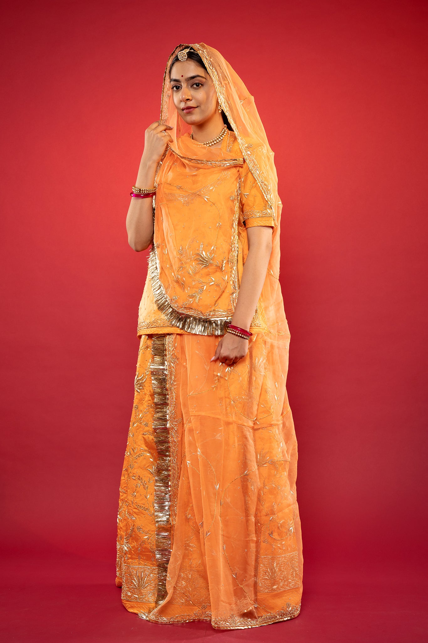 Peach Bamber Satin zardozi handwork rajputi Poshak with Pure odhna
