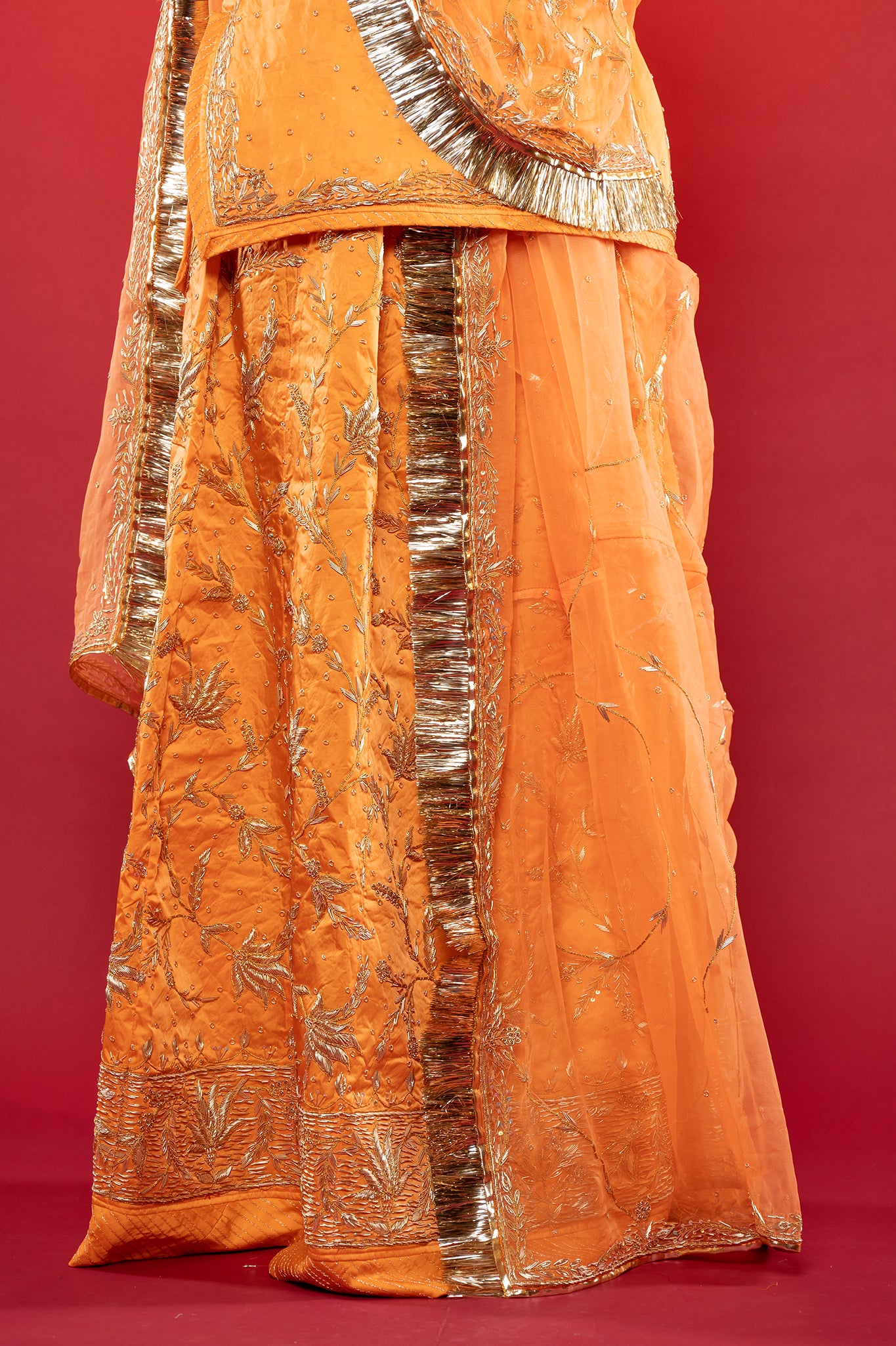 Peach Bamber Satin zardozi handwork rajputi Poshak with Pure odhna