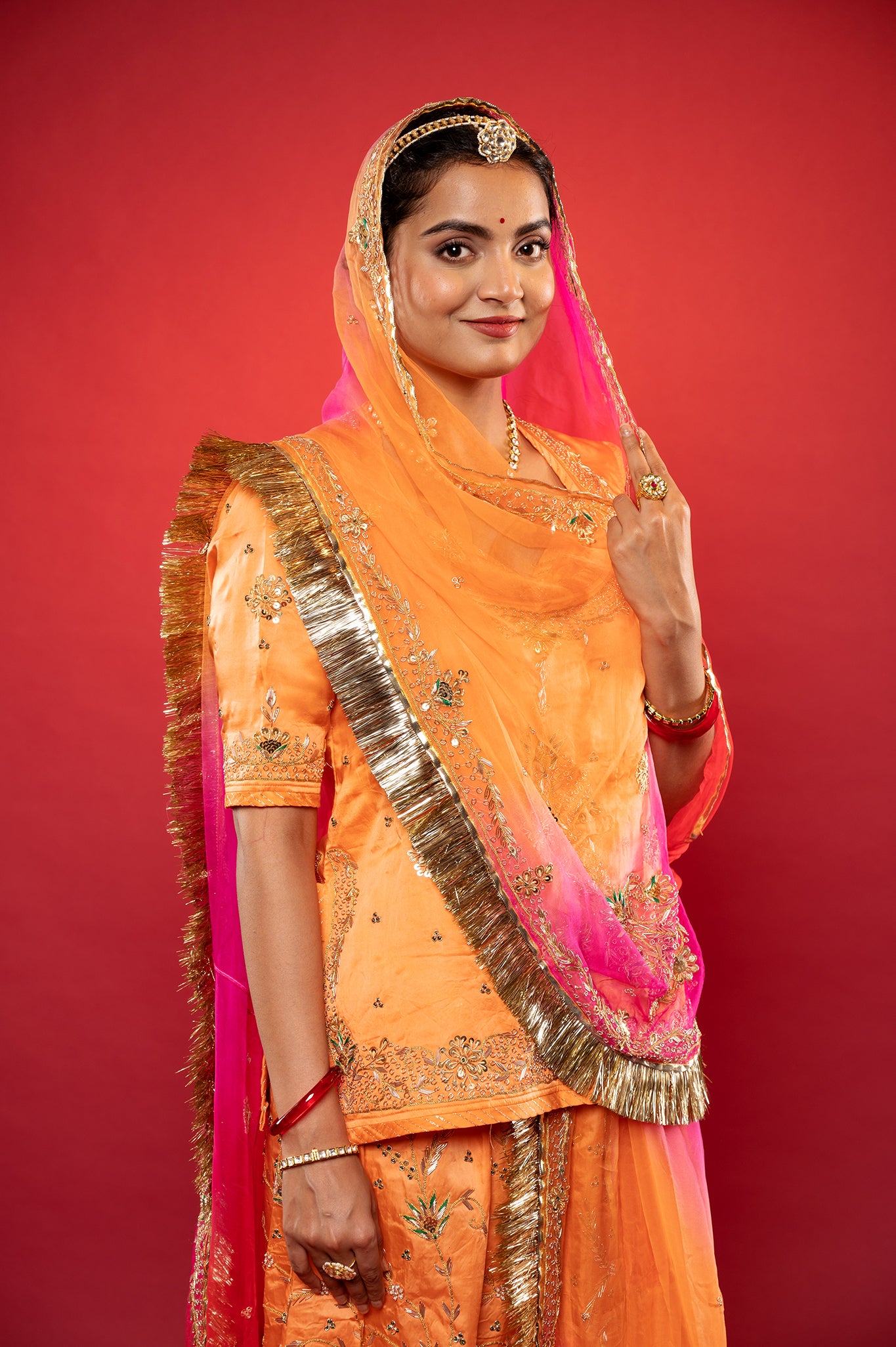 Peach Bamber Satin Zardozi handwork rajputi Poshak with Pure odhna
