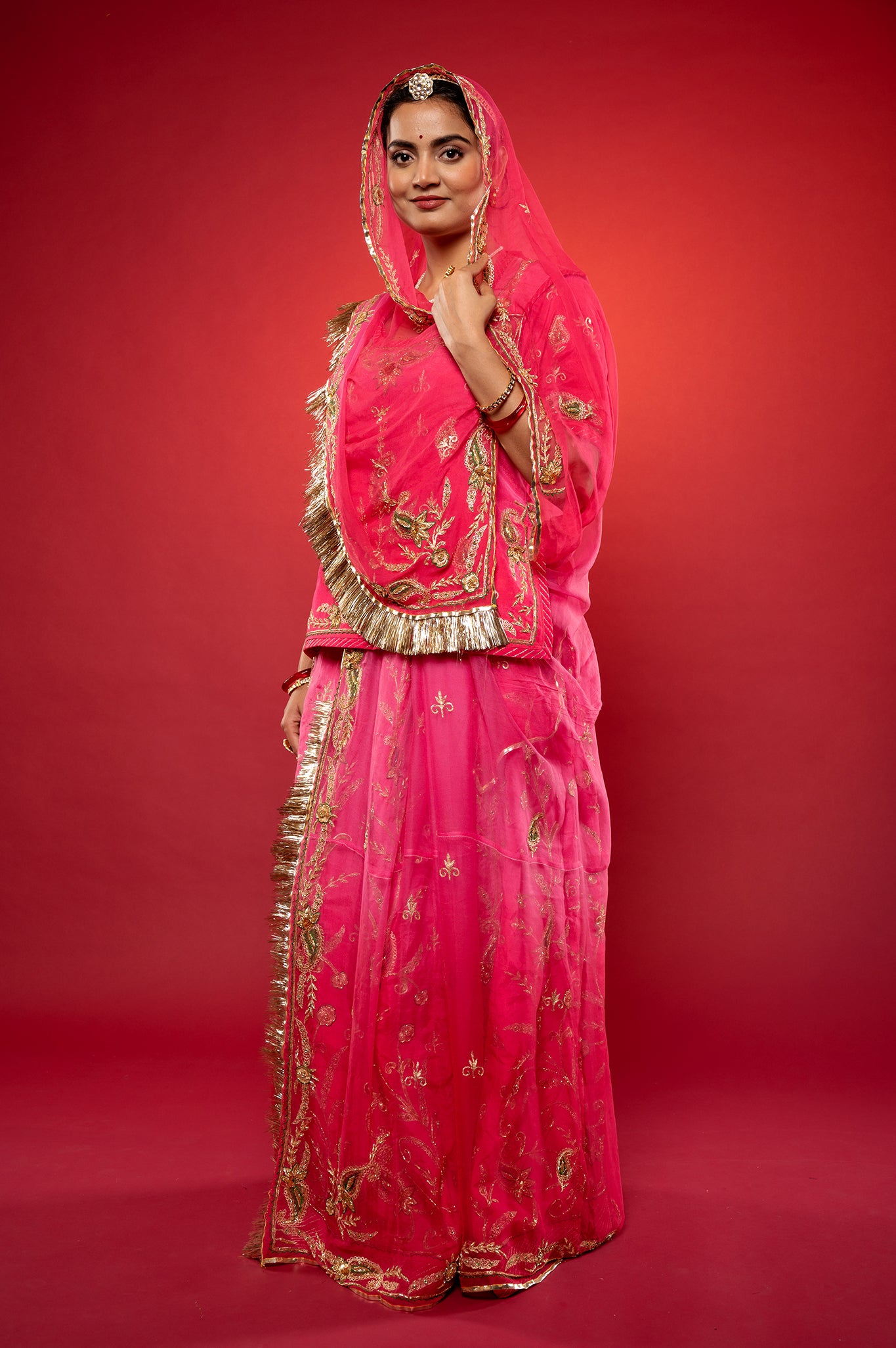 Gajri Pink light dark Bamber Satin Zardozi handwork rajputi Poshak with Pure odhna