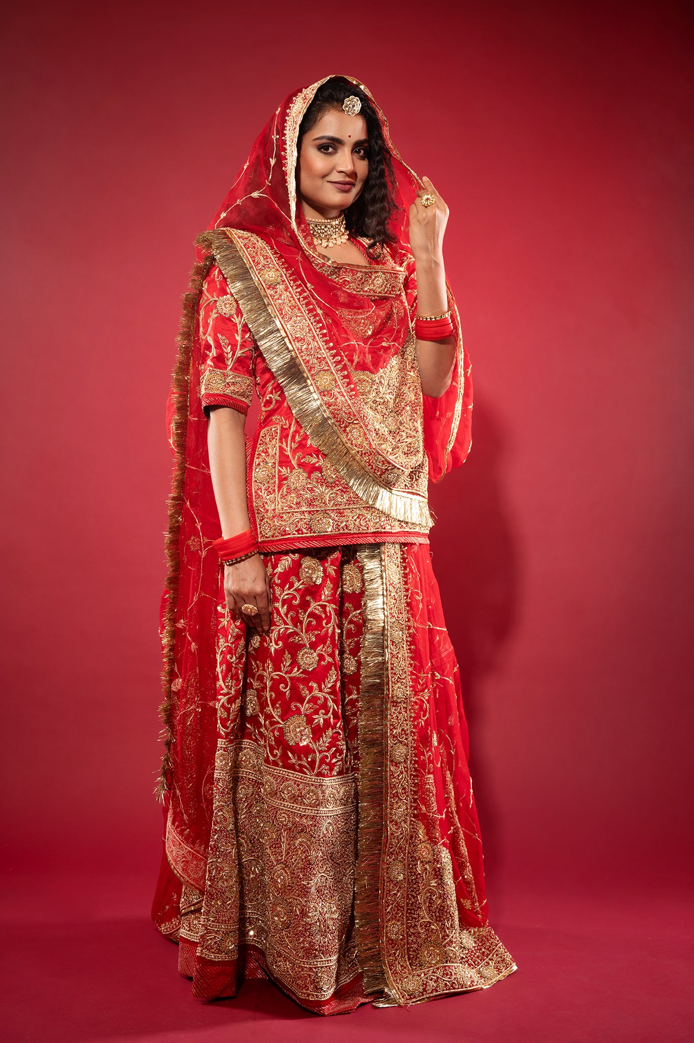 red Pure Silk Satin zardozi handwork rajputi Poshak with Pure odhna