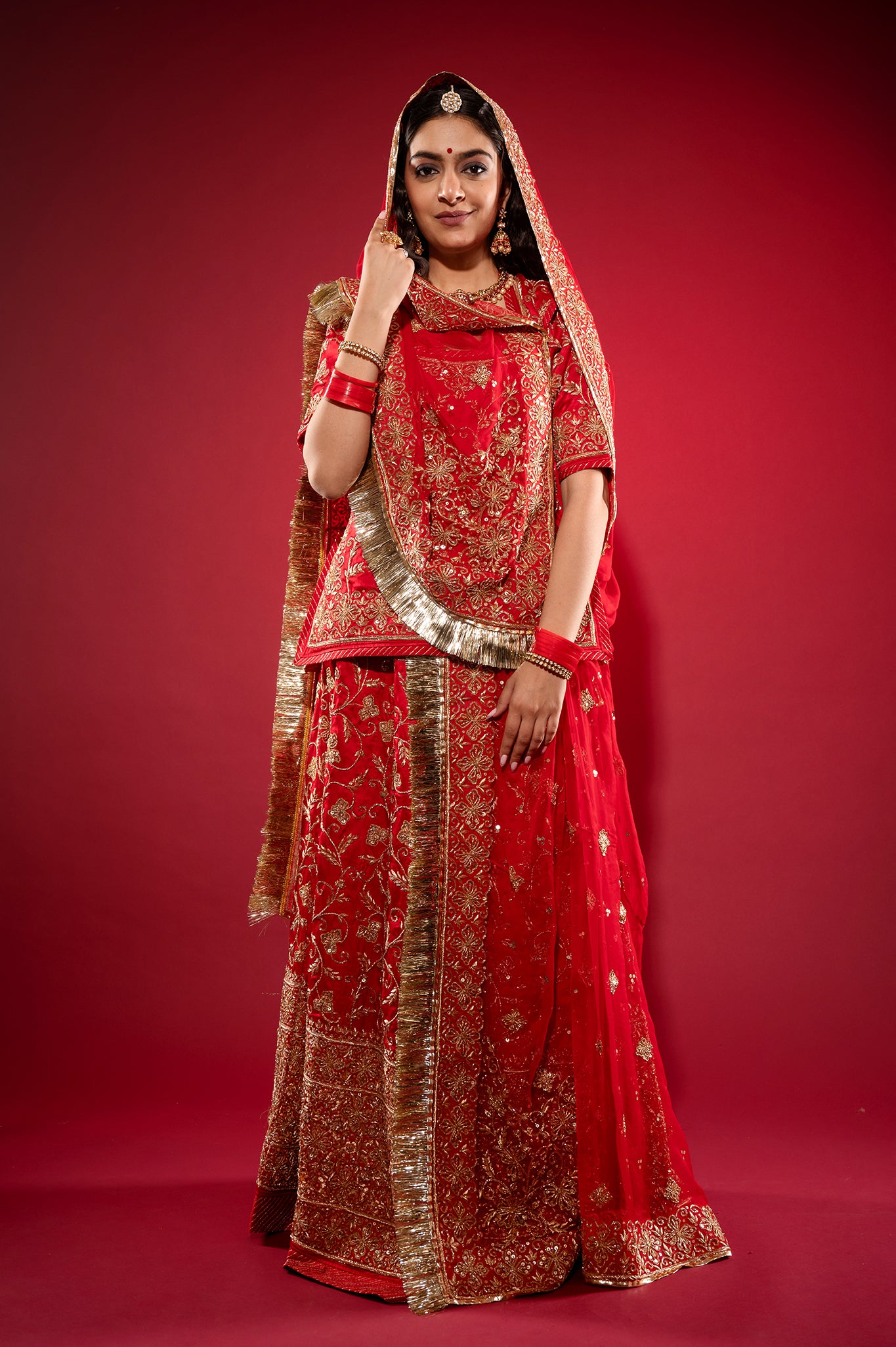 red Pure Silk Satin zardozi handwork rajputi Poshak with Pure odhna