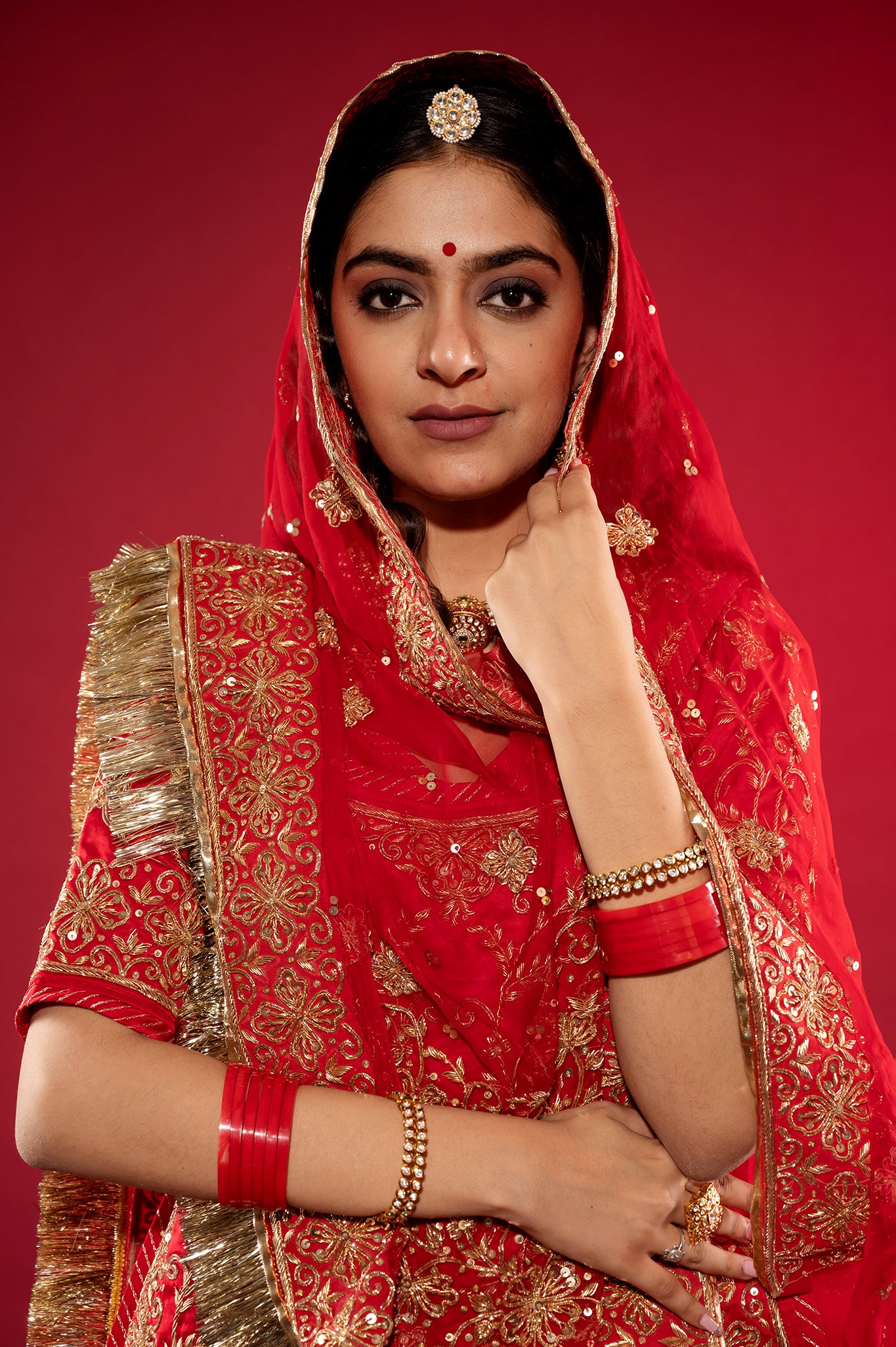 red Pure Silk Satin zardozi handwork rajputi Poshak with Pure odhna