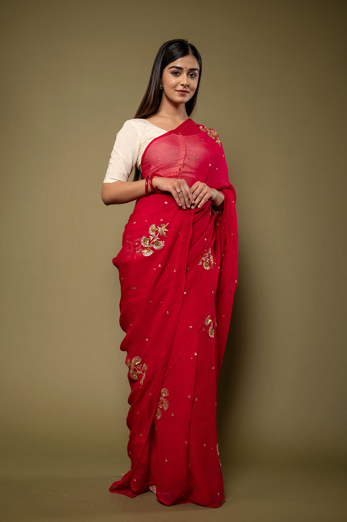 Red viscose chiffon aari sequins motif handwork casual wear saree