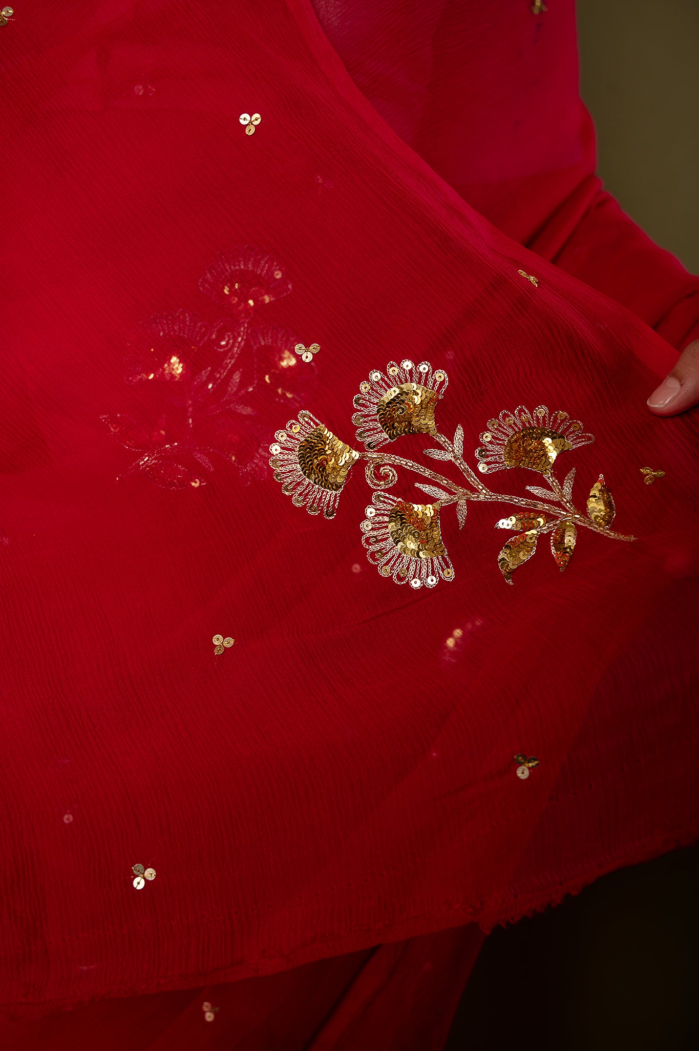 Red viscose chiffon aari sequins motif handwork casual wear saree