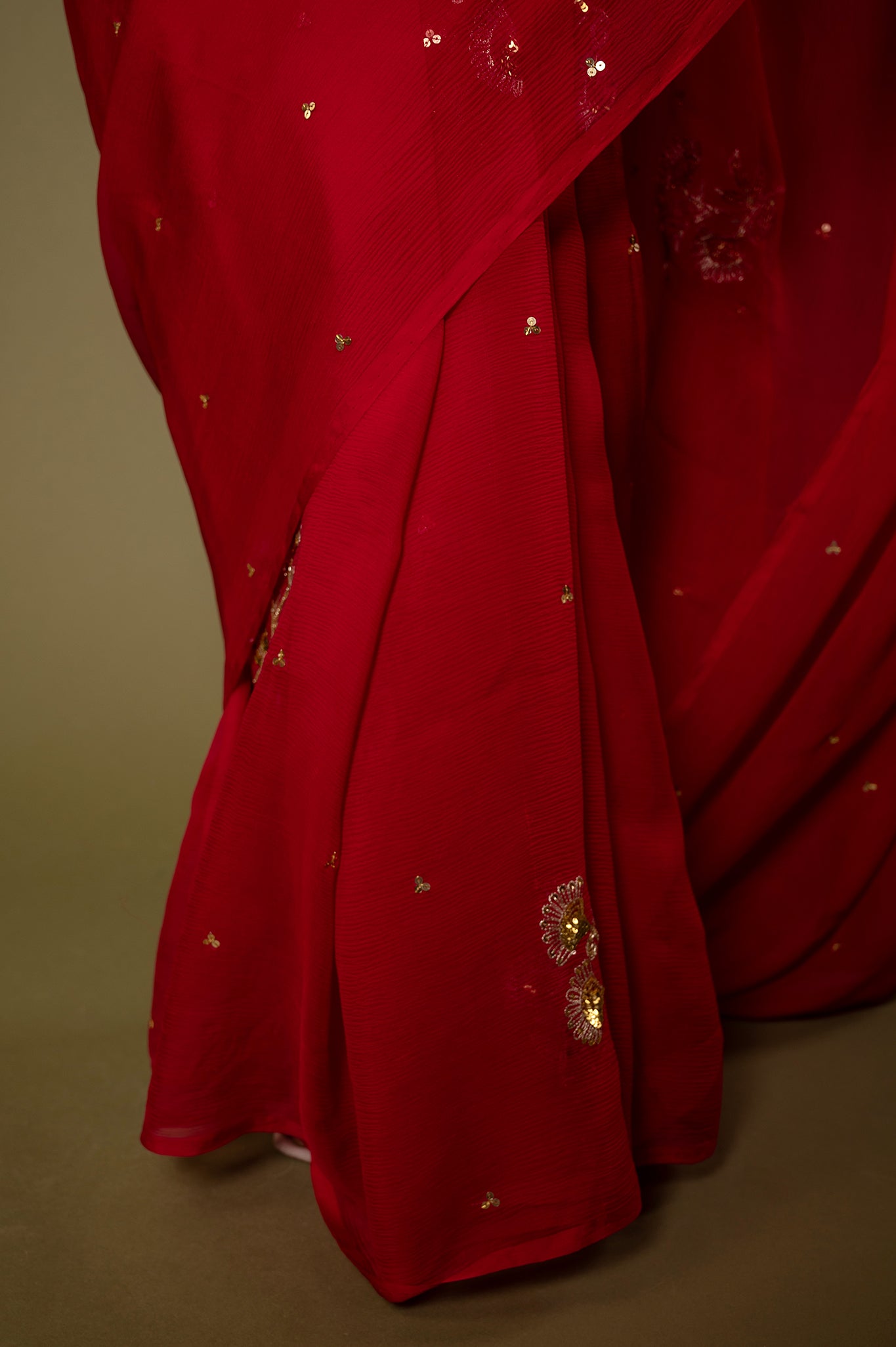 Red viscose chiffon aari sequins motif handwork casual wear saree