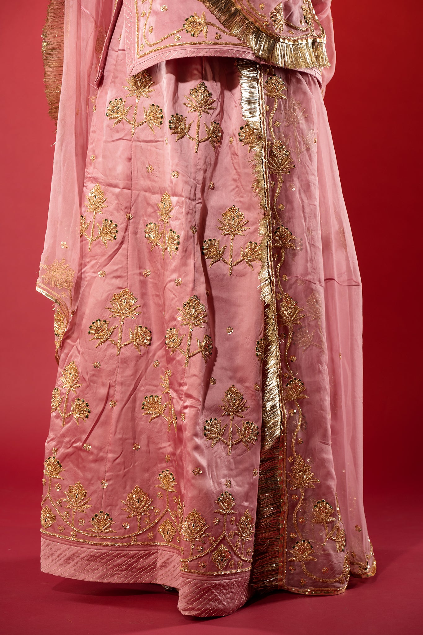 pink bamber satin zardozi handwork rajputi Poshak with Pure odhna