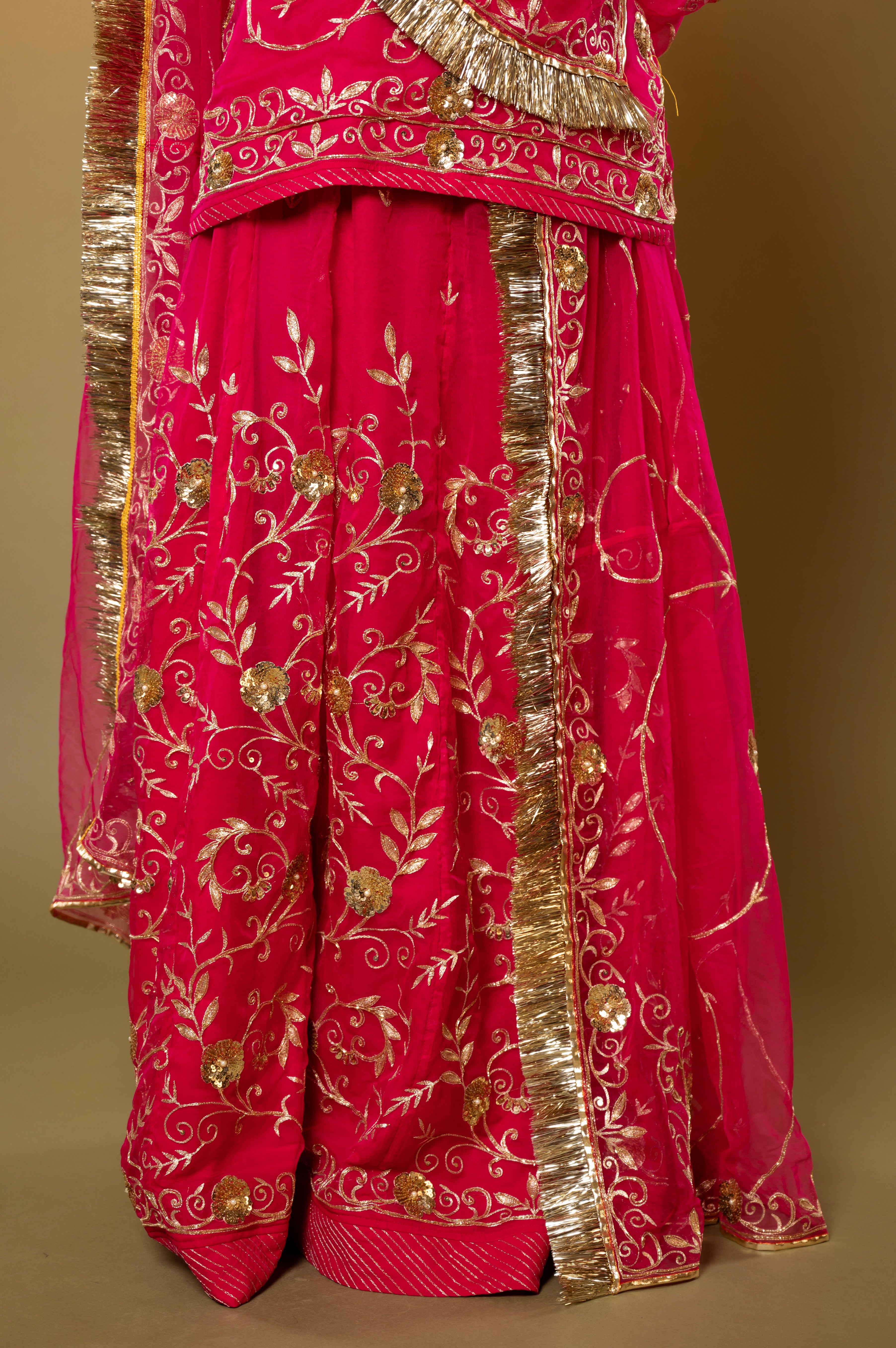 Cherry Red Bamber Satin Aari Sequins handwork Rajputi Poshak with Pure odhna