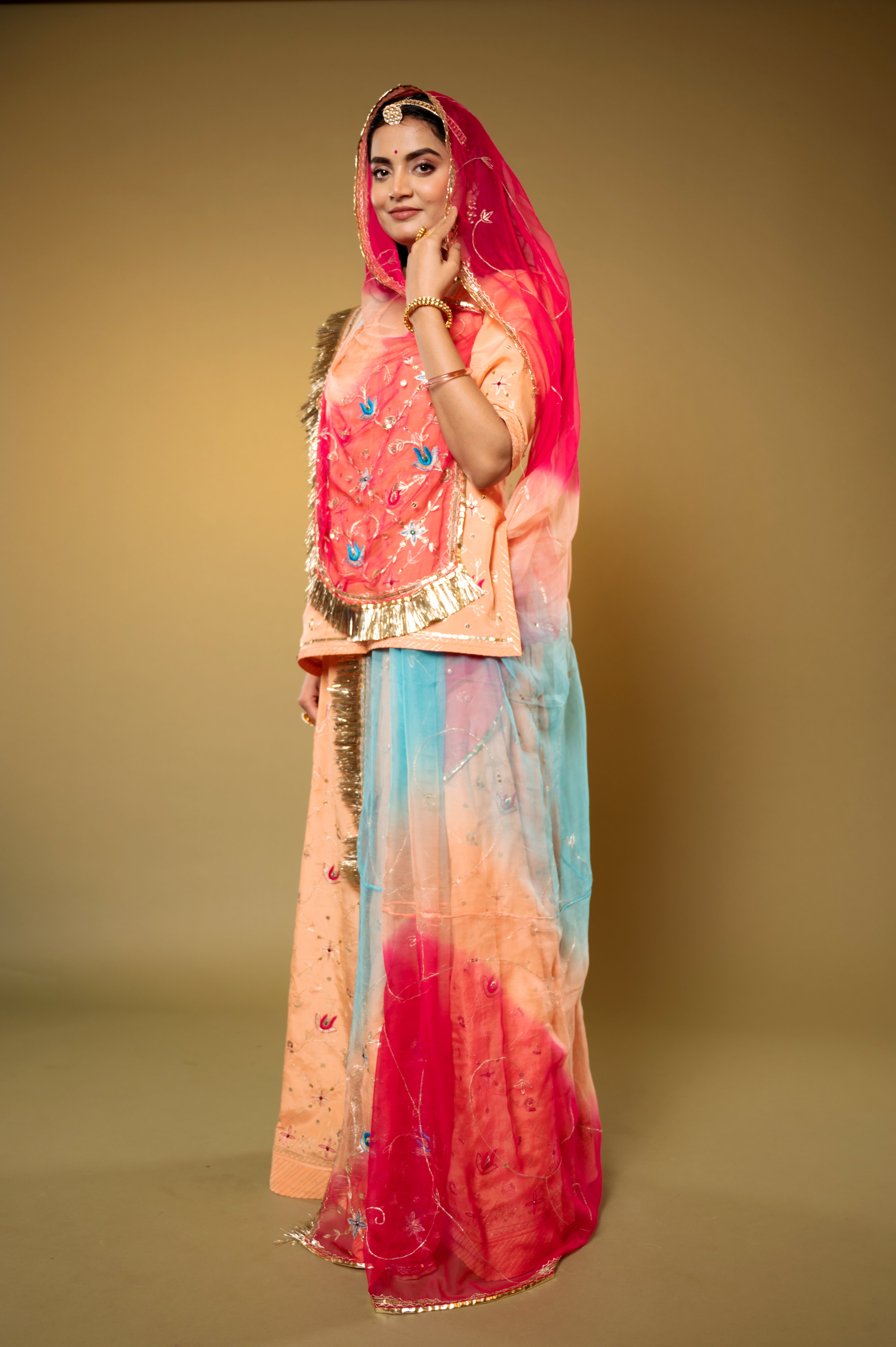 Peach Crepe aari sequins handwork Rajputi Poshak with Pure odhna