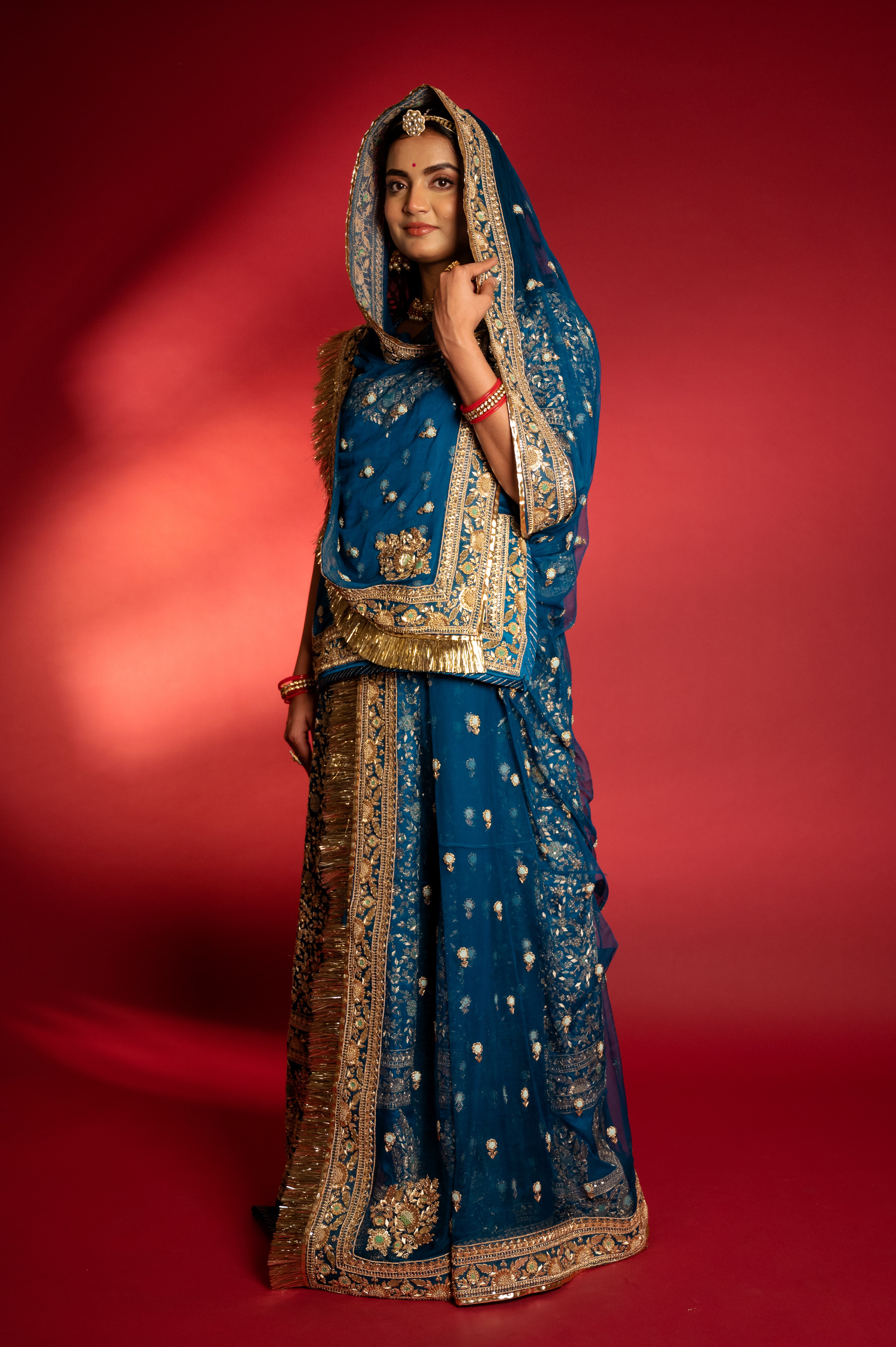 blue Pure Silk Satin aari zardozi handwork Rajputi Poshak with Pure odhna