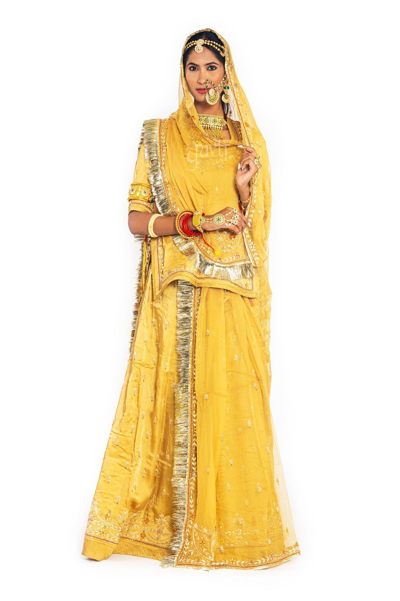 Mustard gold bamber satin aari gota patti resham handwork poshak with pure odhna
