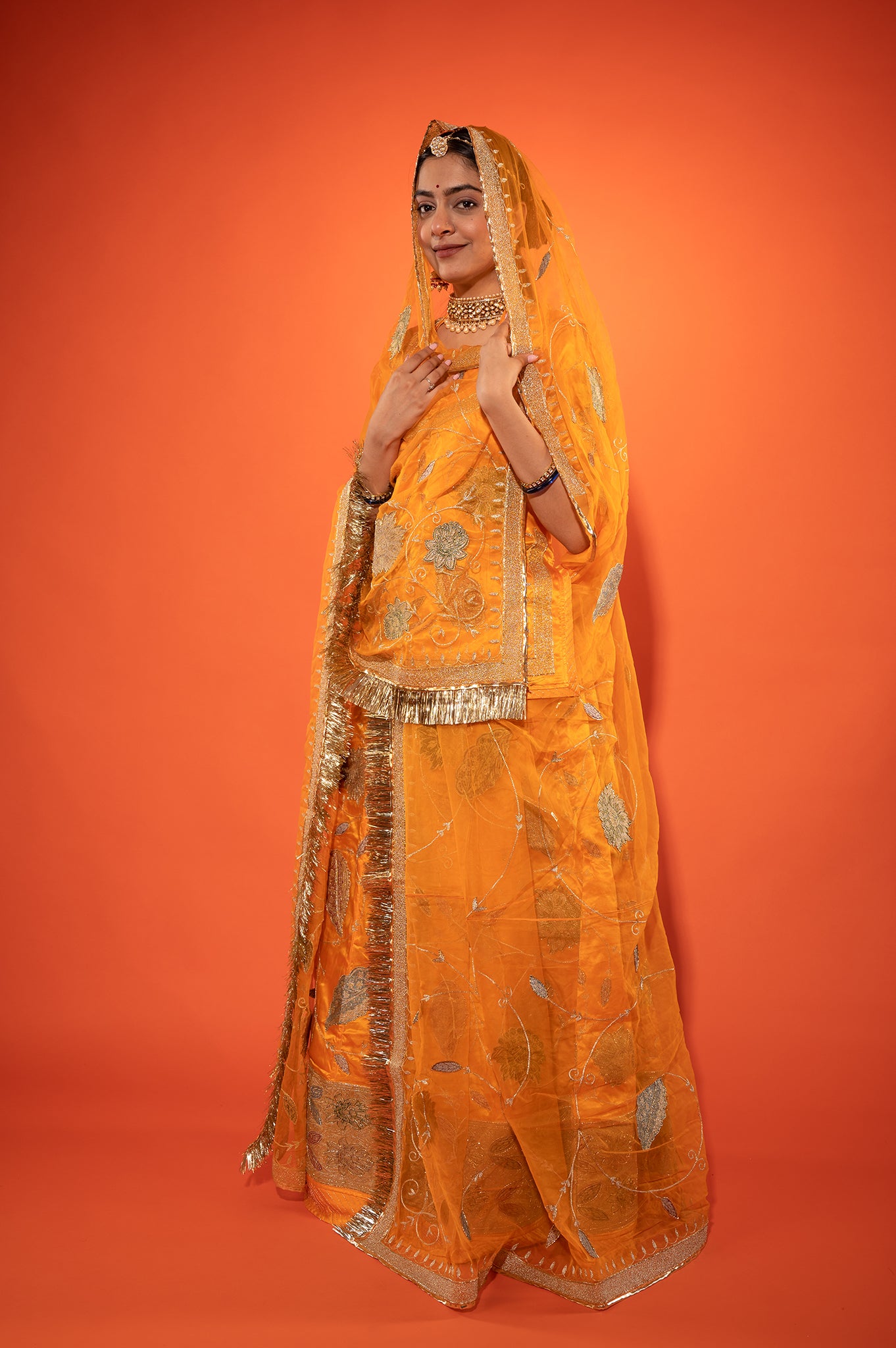 Yellow Kesari Pure Silk Satin Real Silver Chanderi Handwork Rajputi Poshak with Pure odhna