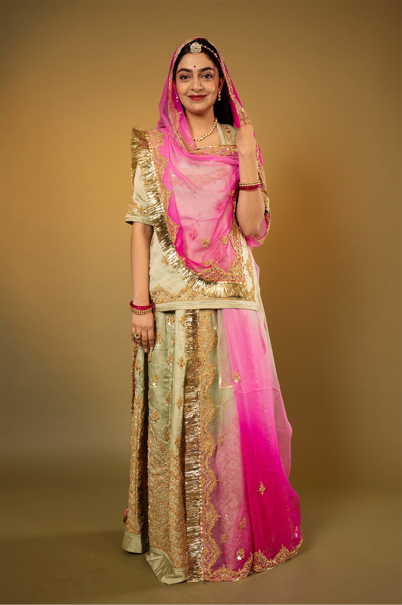 Olive green bamber satin zardozi handwork Rajputi Poshak with Pure odhna