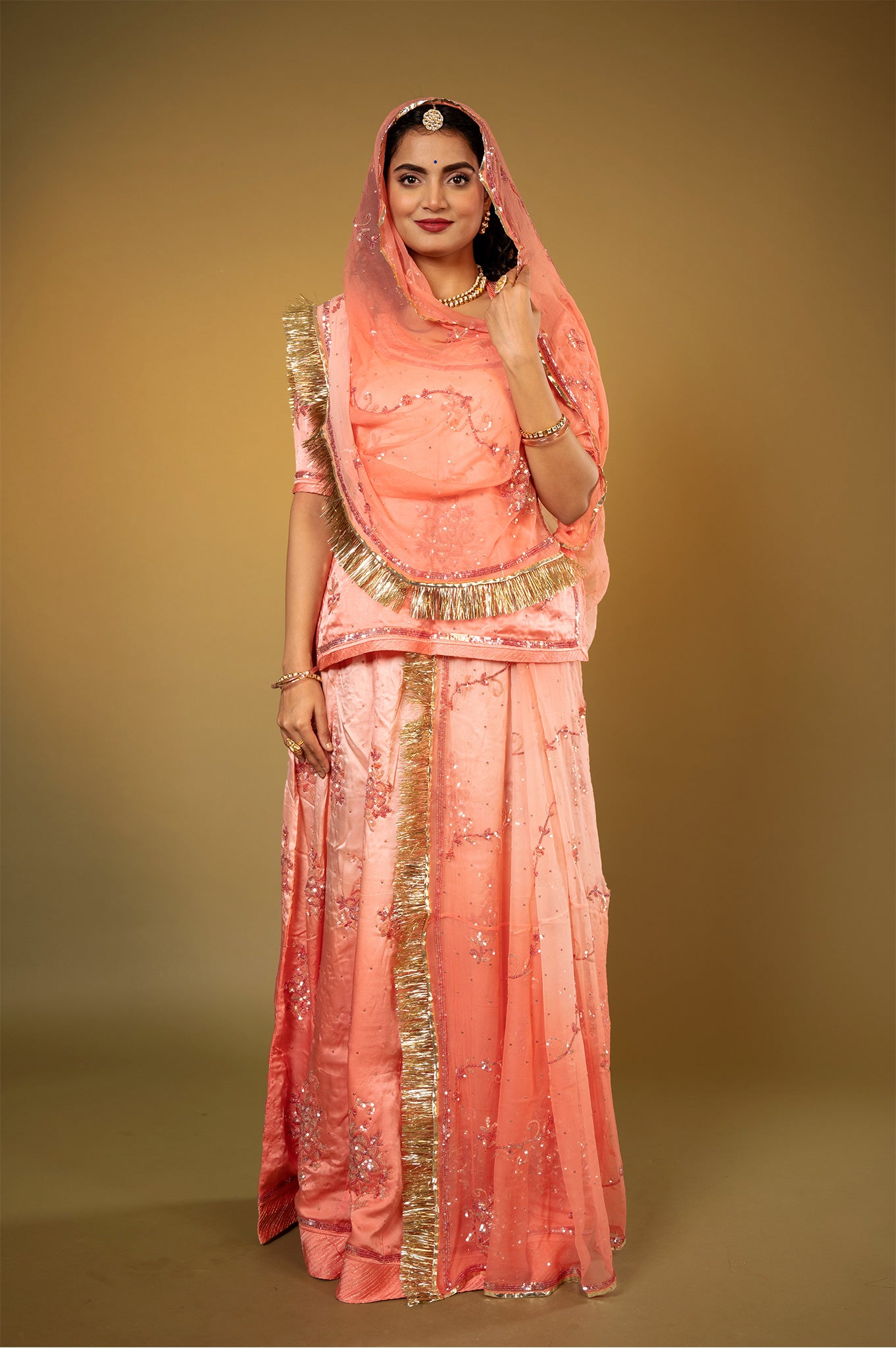 peach light dark bamber satin sequins handwork Rajputi Poshak with Pure odhna