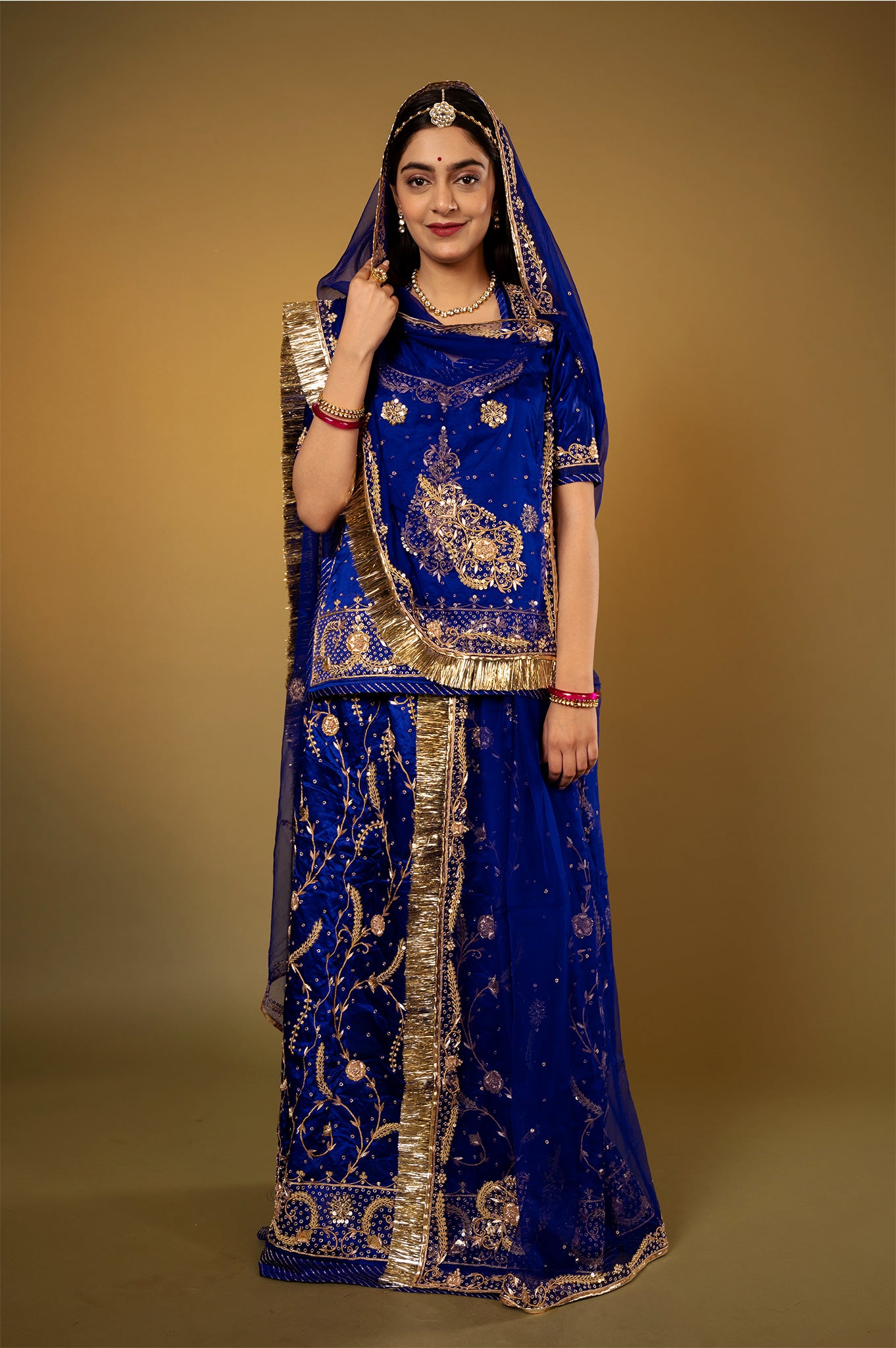 Royal Blue bamber satin kundan zardozi handwork Rajputi Poshak with Pure odhna