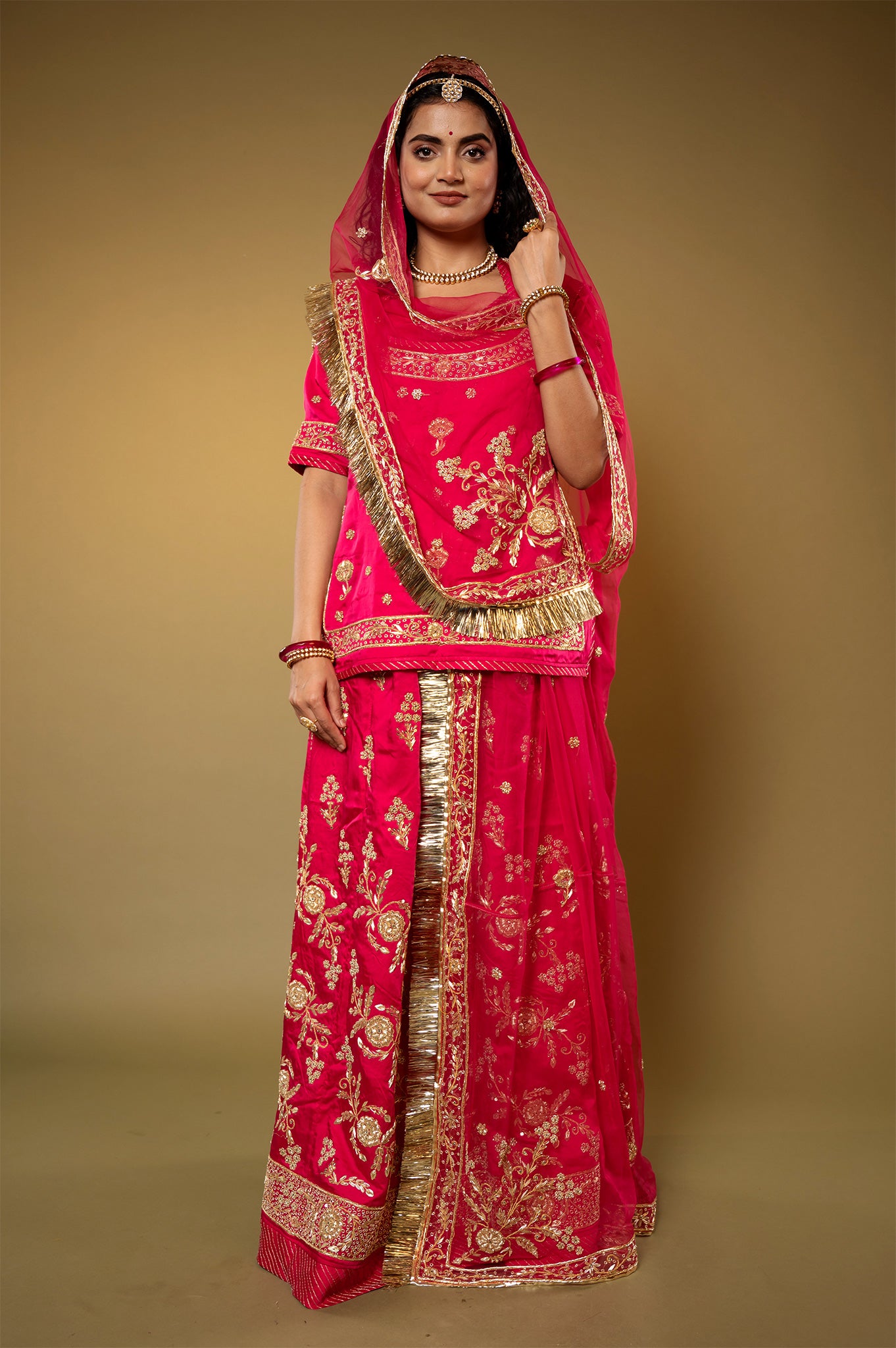 Cherry Red Bamber Satin Aari Sequins handwork Rajputi Poshak with Pure odhna