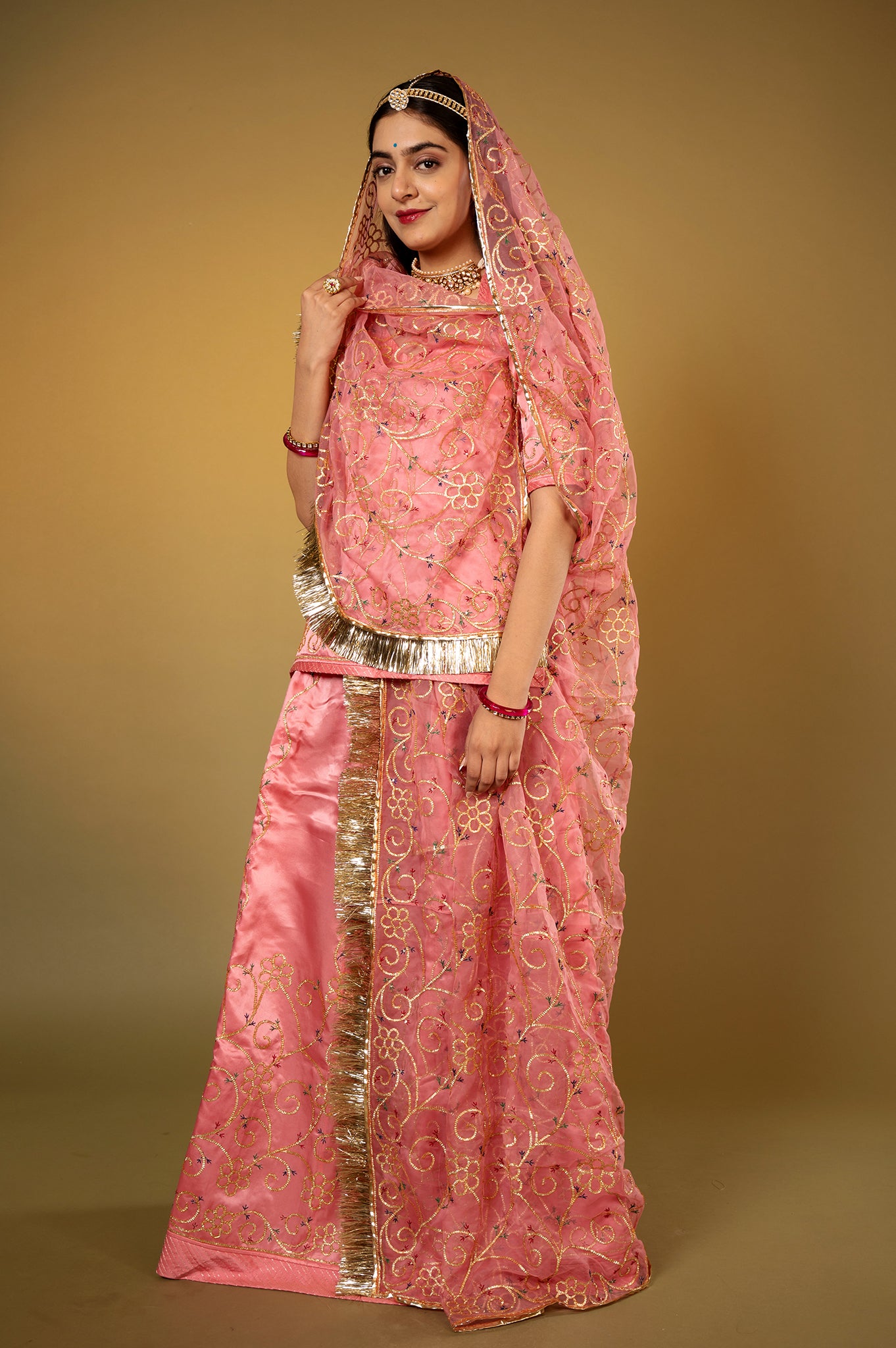 Pink Gajri Pure Silk Satin Real Silver Sikhiya Handwork Rajputi Poshak with Pure odhna