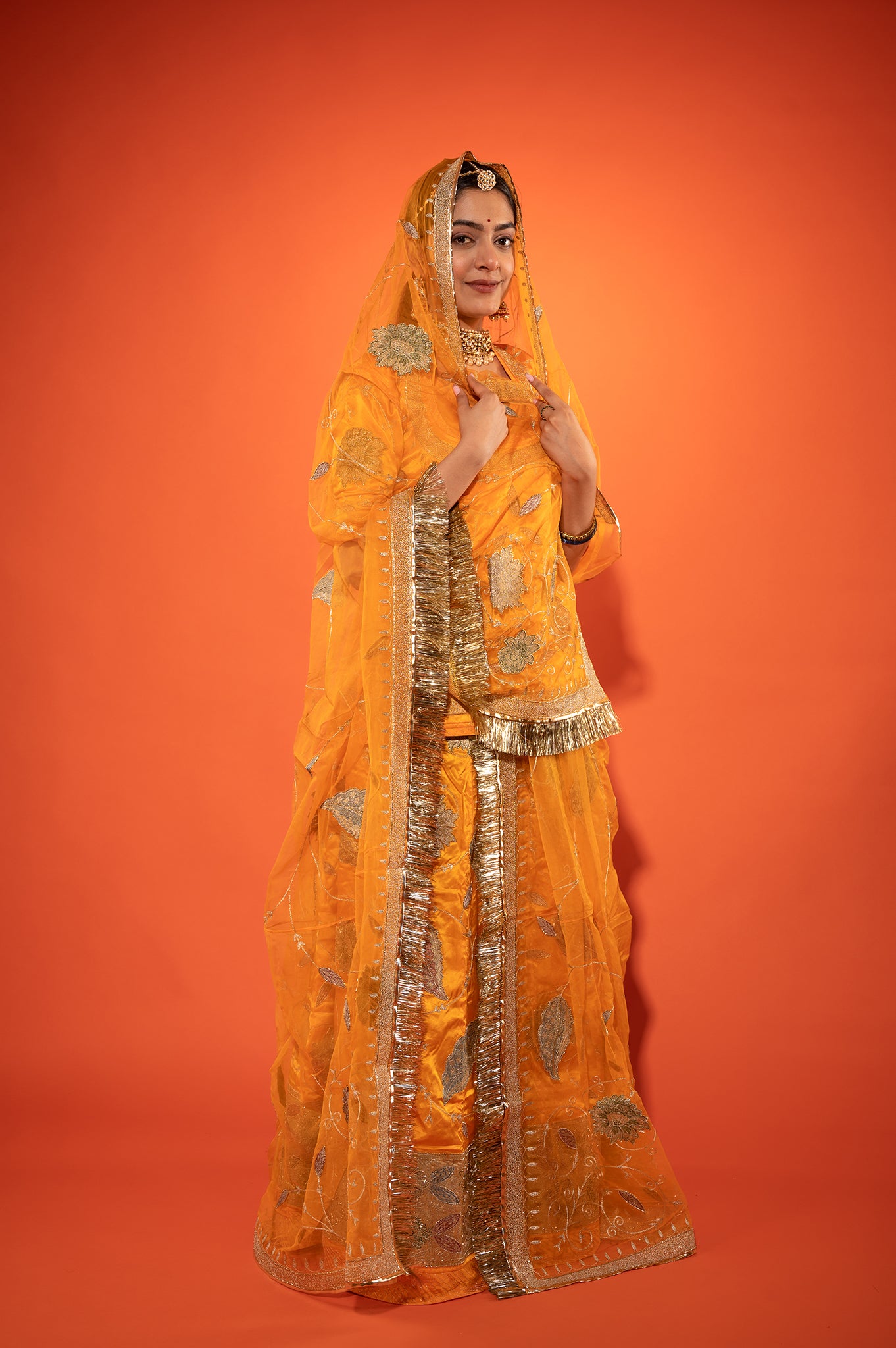 Yellow Kesari Pure Silk Satin Real Silver Chanderi Handwork Rajputi Poshak with Pure odhna