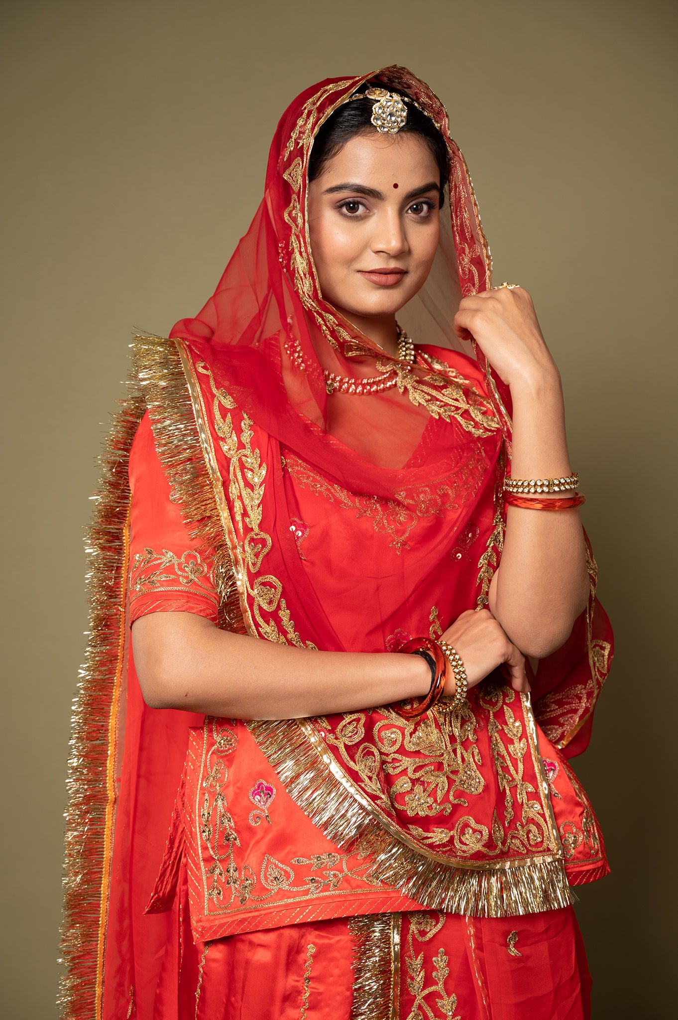 Red Pure Silk Satin Real Silver Kalabatu Handwork Rajputi Poshak with Pure odhna