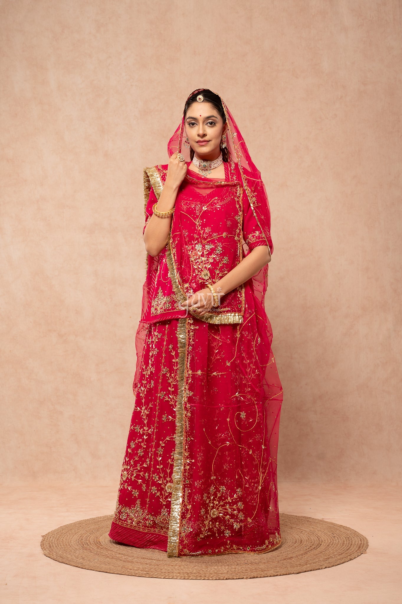 Rani Pure Georgette Kundan Kardana Zardozi Handwork Poshak with Pure Odhana (unstitched)