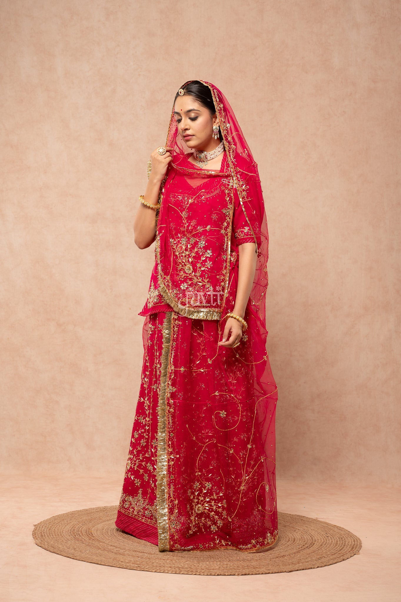 Rani Pure Georgette Kundan Kardana Zardozi Handwork Poshak with Pure Odhana (unstitched)