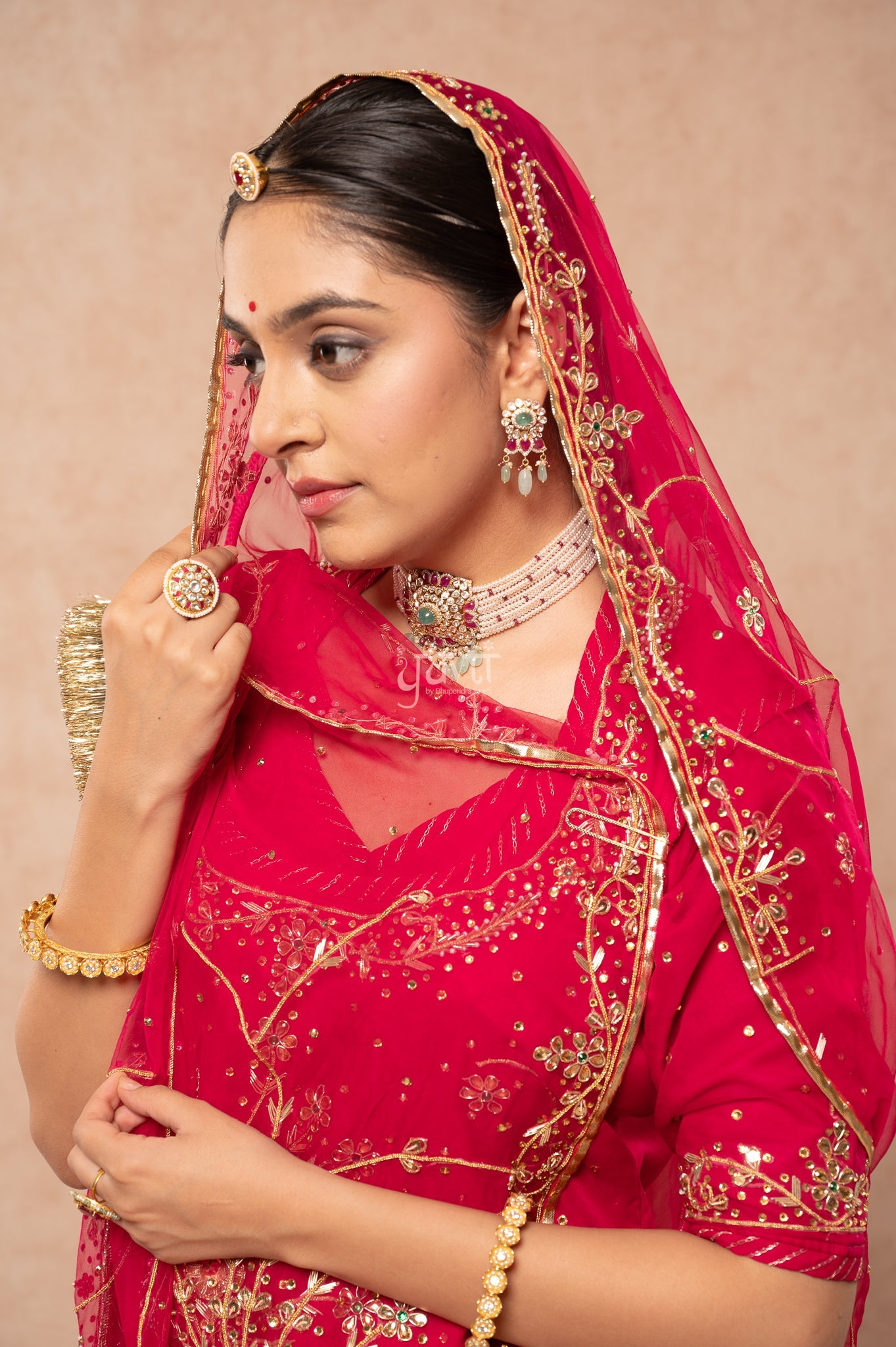 Rani Pure Georgette Kundan Kardana Zardozi Handwork Poshak with Pure Odhana (unstitched)